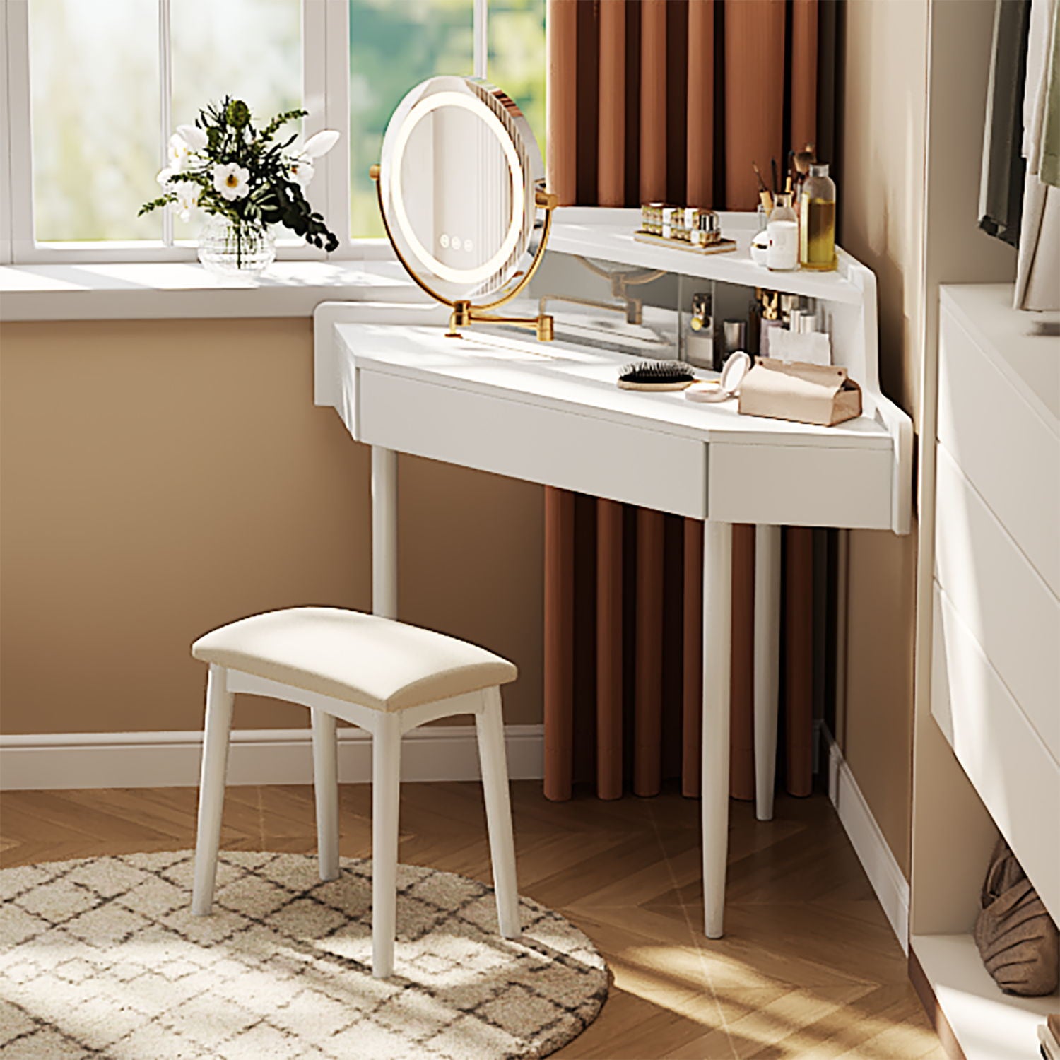 Modern Corner Makeup Vanity Desk With Large Storage, LED Mirror & Stool, Adjustable Brightness, Space Saving - White