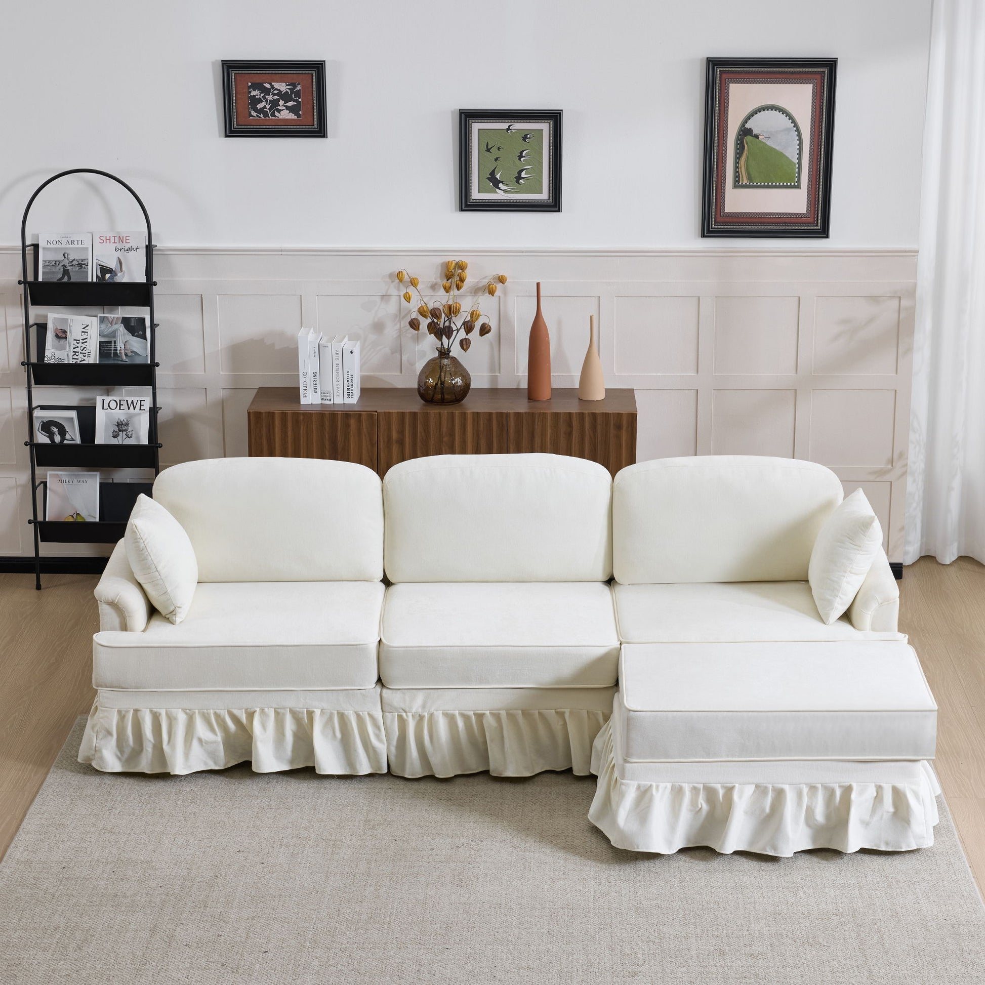 L-Shaped Sectional Sofa With Removable Ruffled Skirt, Flared Arms, Ottoman - White