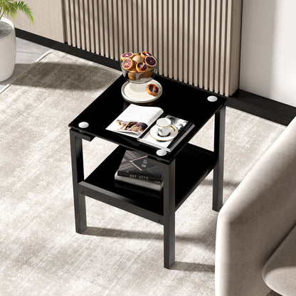 Glass Clear Side & End Table, 2 Tier Space End Table, Corner Table - Black