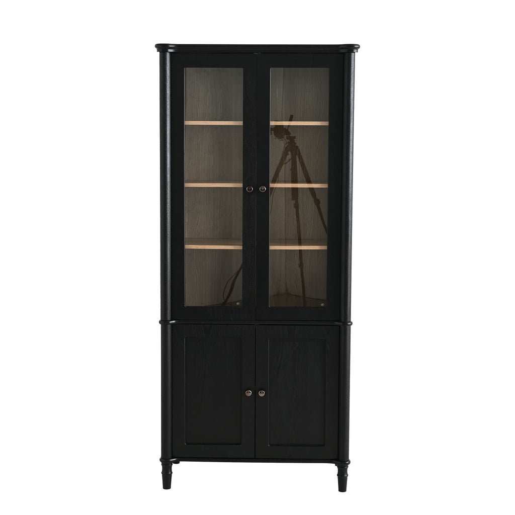 Vintage Display Cabinet With Double Glass Doors, Traditional Style For Collectibles, Ash Wood Veneer, 73.25" Tall - Black / Natural