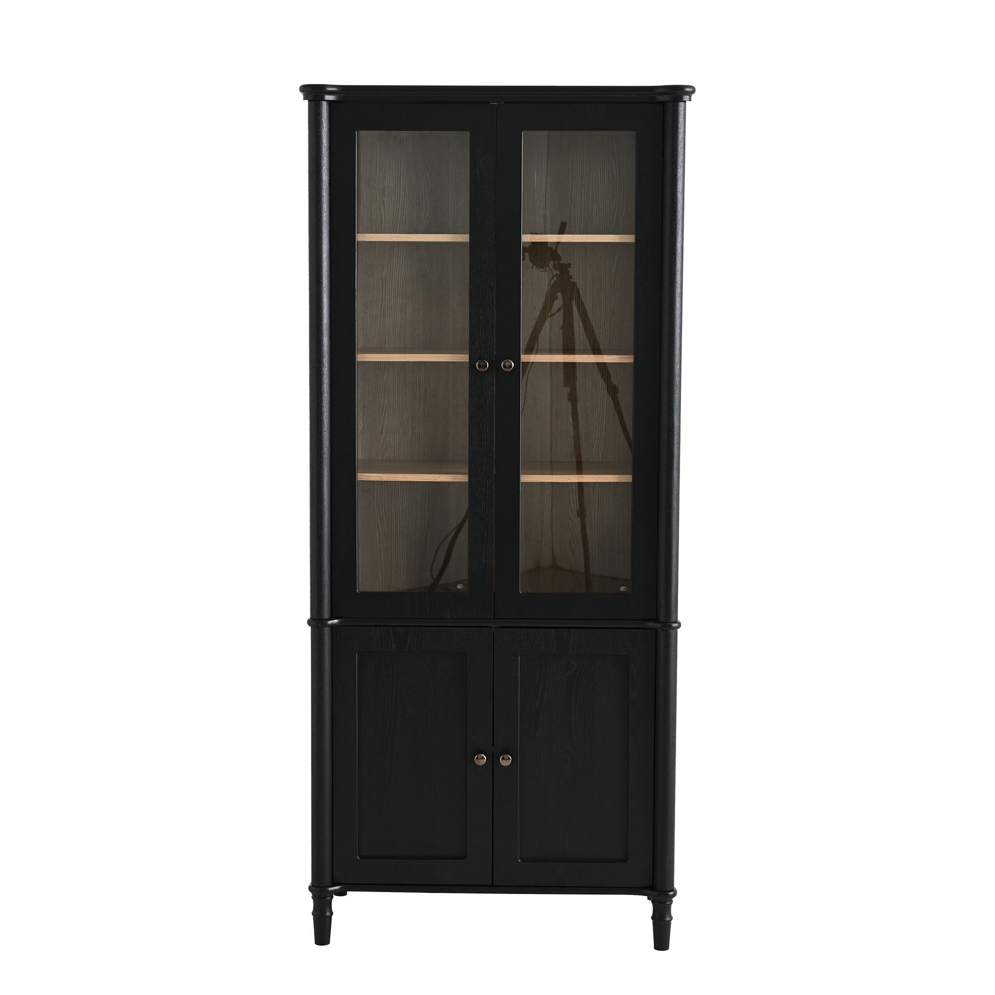 Vintage Display Cabinet With Double Glass Doors, Traditional Style For Collectibles, Ash Wood Veneer, 73.25" Tall - Black / Natural