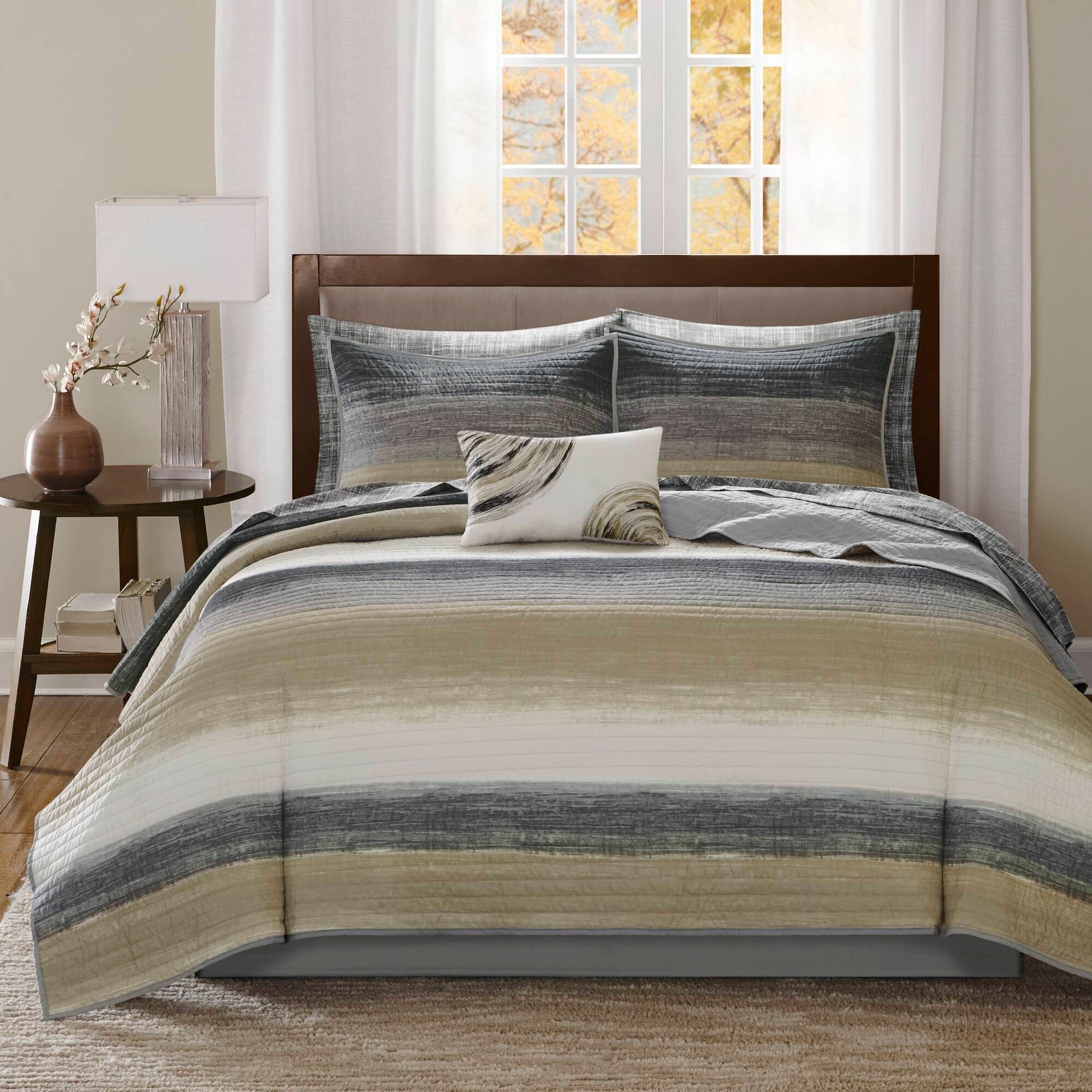 Saben - California King Complete Reversible Coverlet And Sheet Set - Taupe