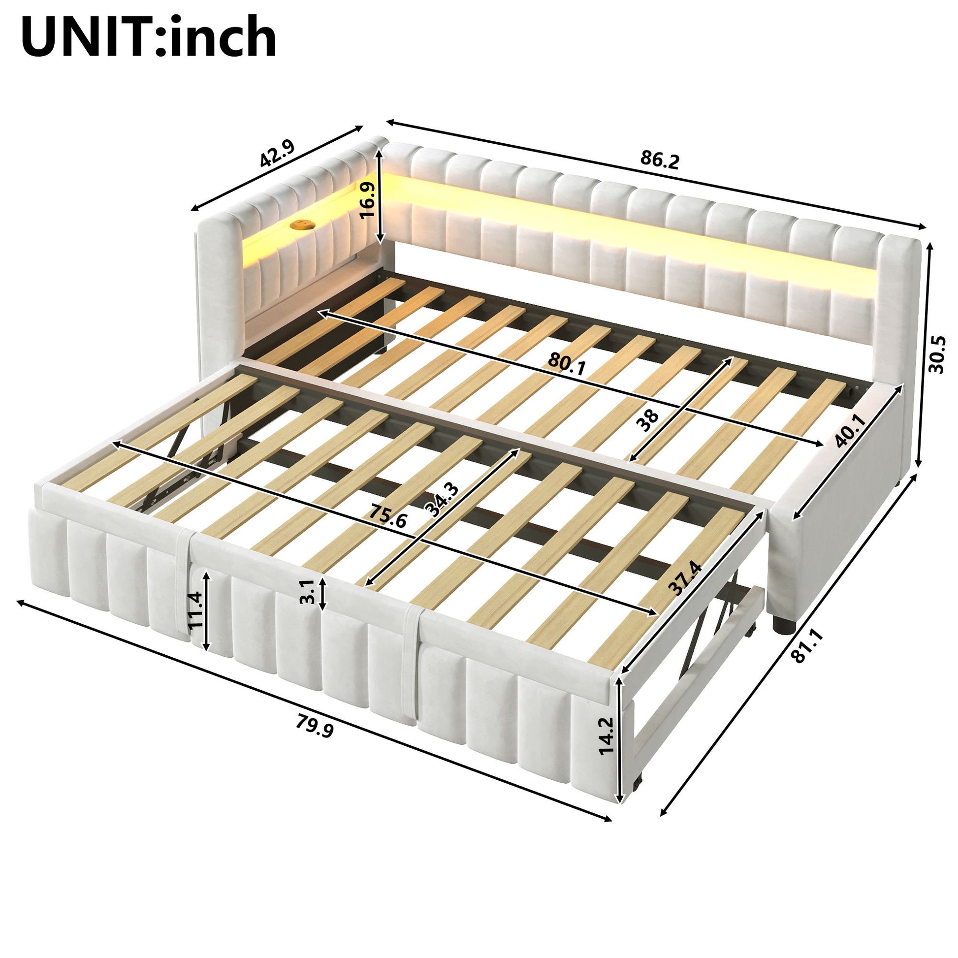 Upholstered Daybed With LED Lights, USB Charging, Pull Out Trundle Bed