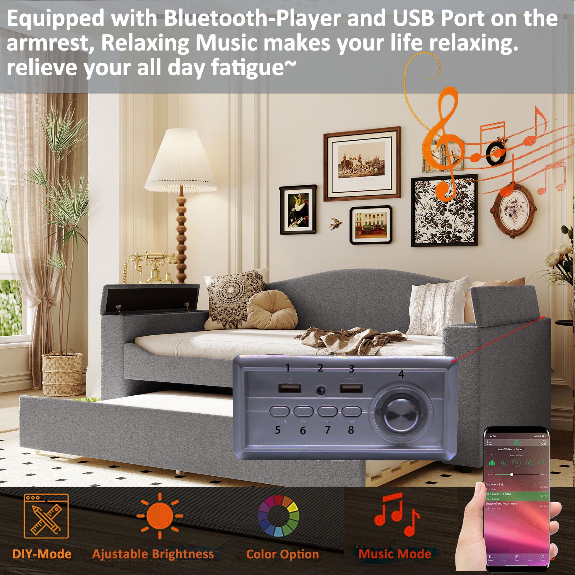 Upholstered Daybed With Storage Armrests, Trundle And Latest Integrated Bluetooth Audio System