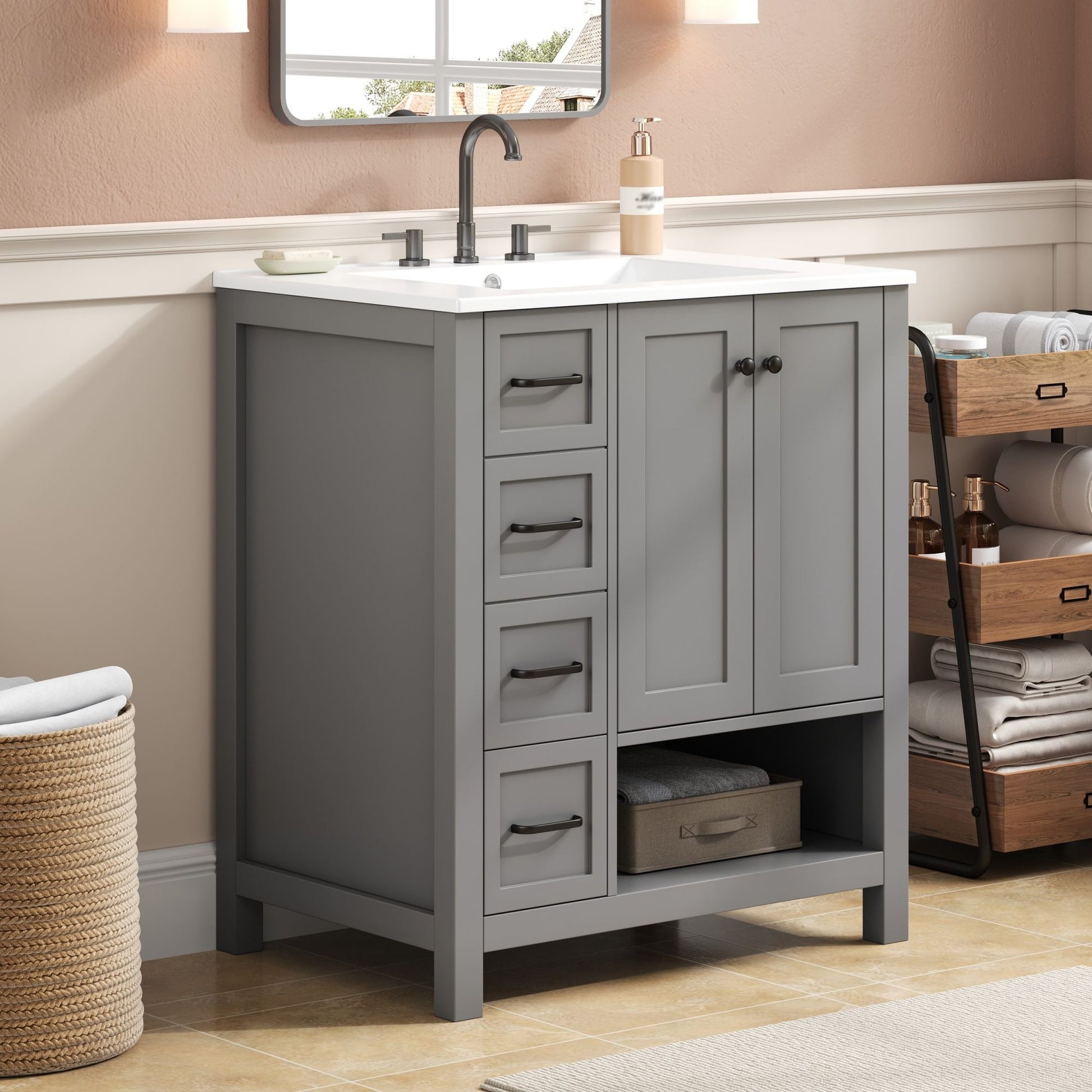 Bathroom Vanity With Sink Top, Bathroom Vanity Cabinet With 2 Doors And 2 Drawers, Open Shelf