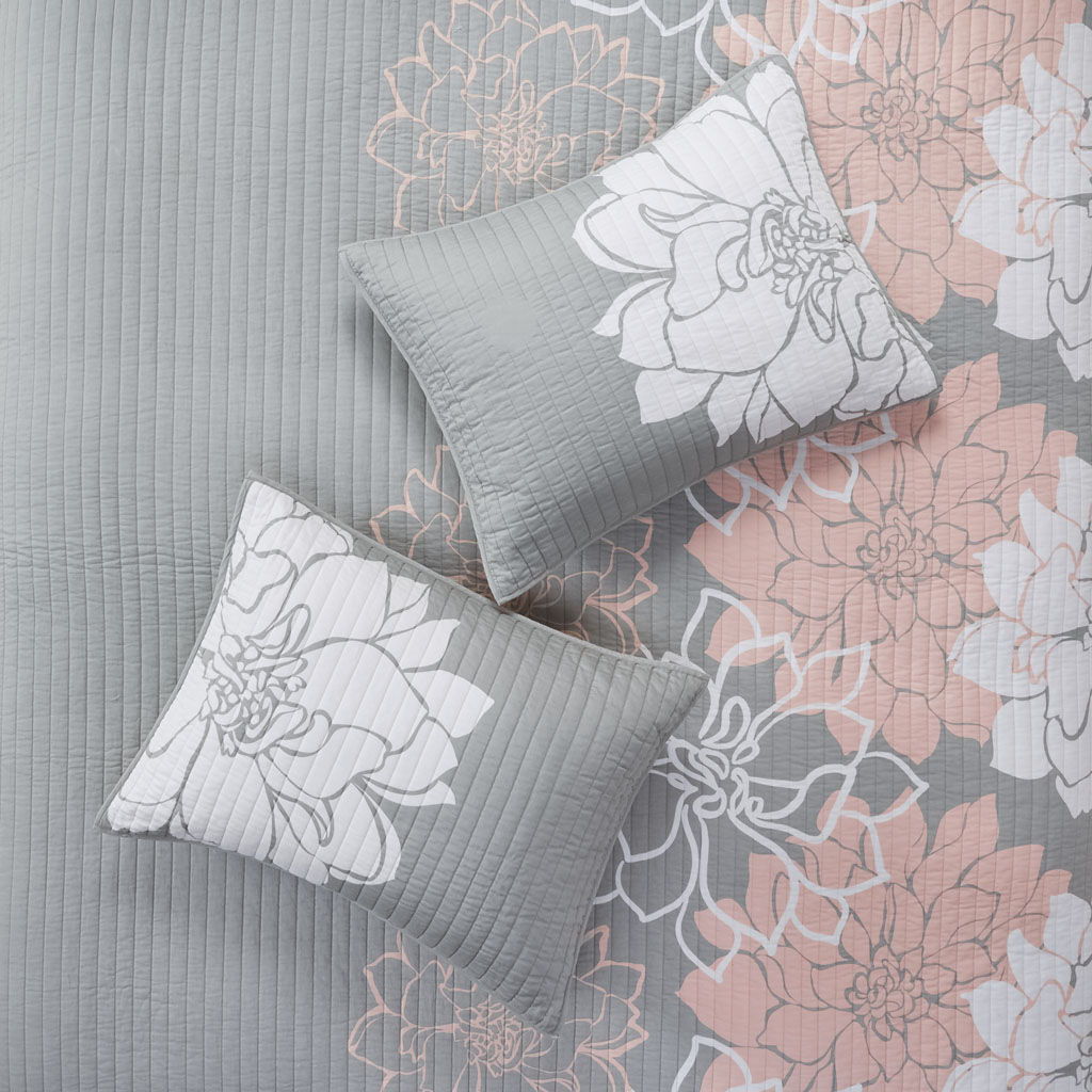 Lola - King 6 Piece Reversible Printed Coverlet Set - Gray / Blush