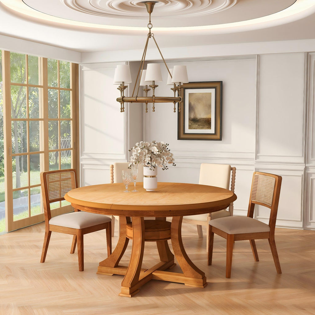 Extendable Round Dining Table, Adjustable Length, Construction With Space Saving Design - Natural Wood