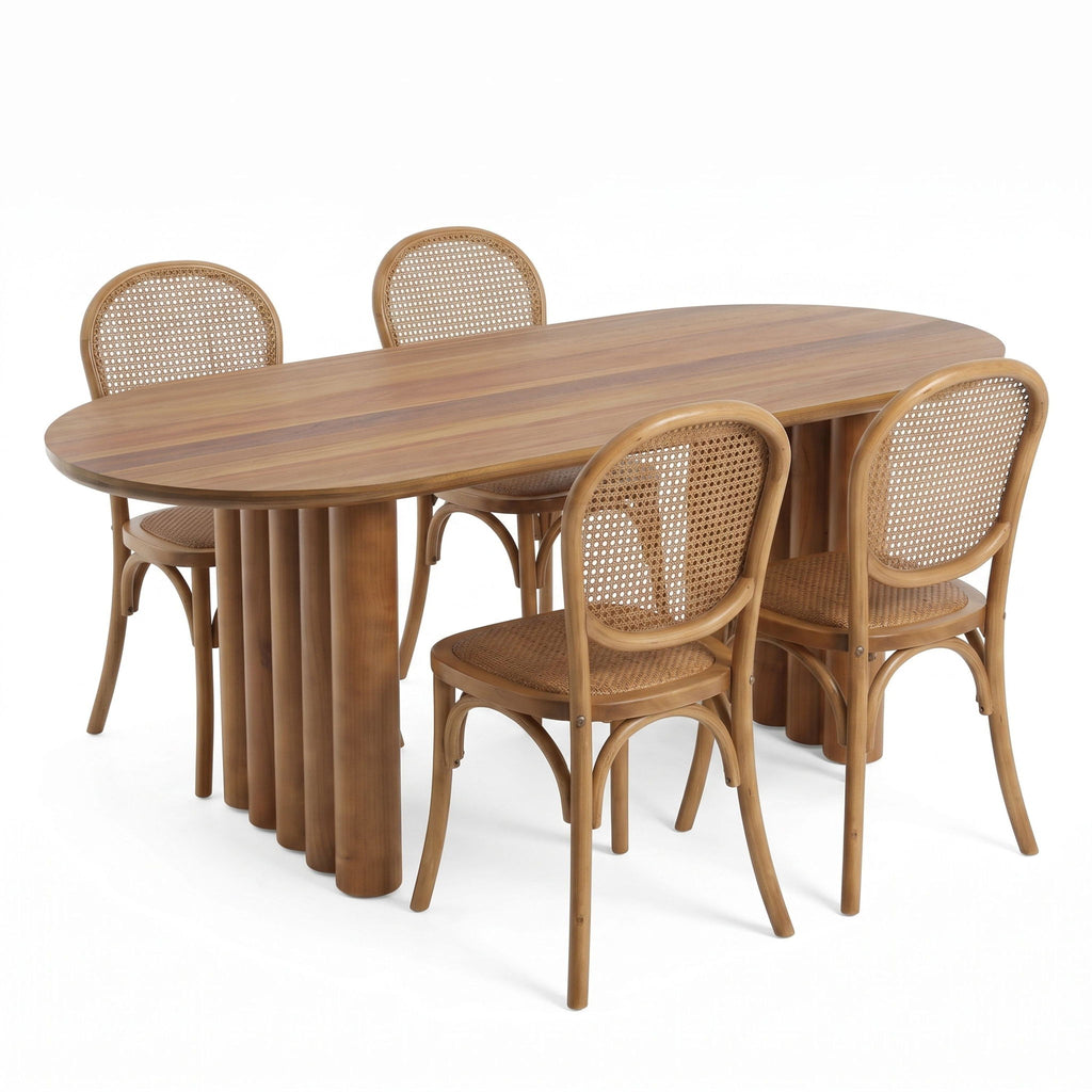 Oval Dining Table Set With 4 Birch Rattan Chairs - Brown / Light Brown