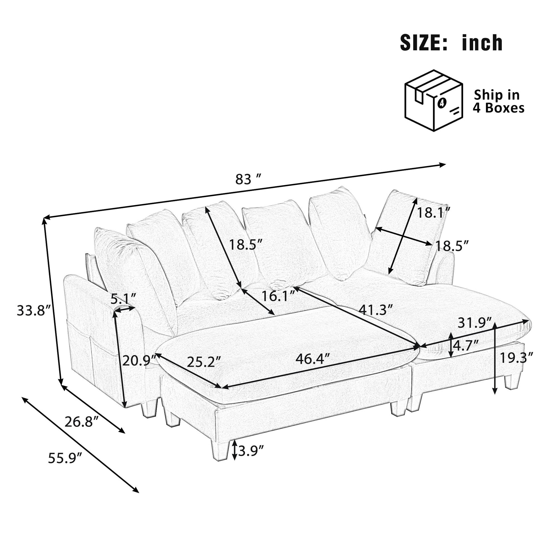 Upholstered L Shaped Sectional Sofa With Storage, Movable Ottoman, And 6 Throw Pillows