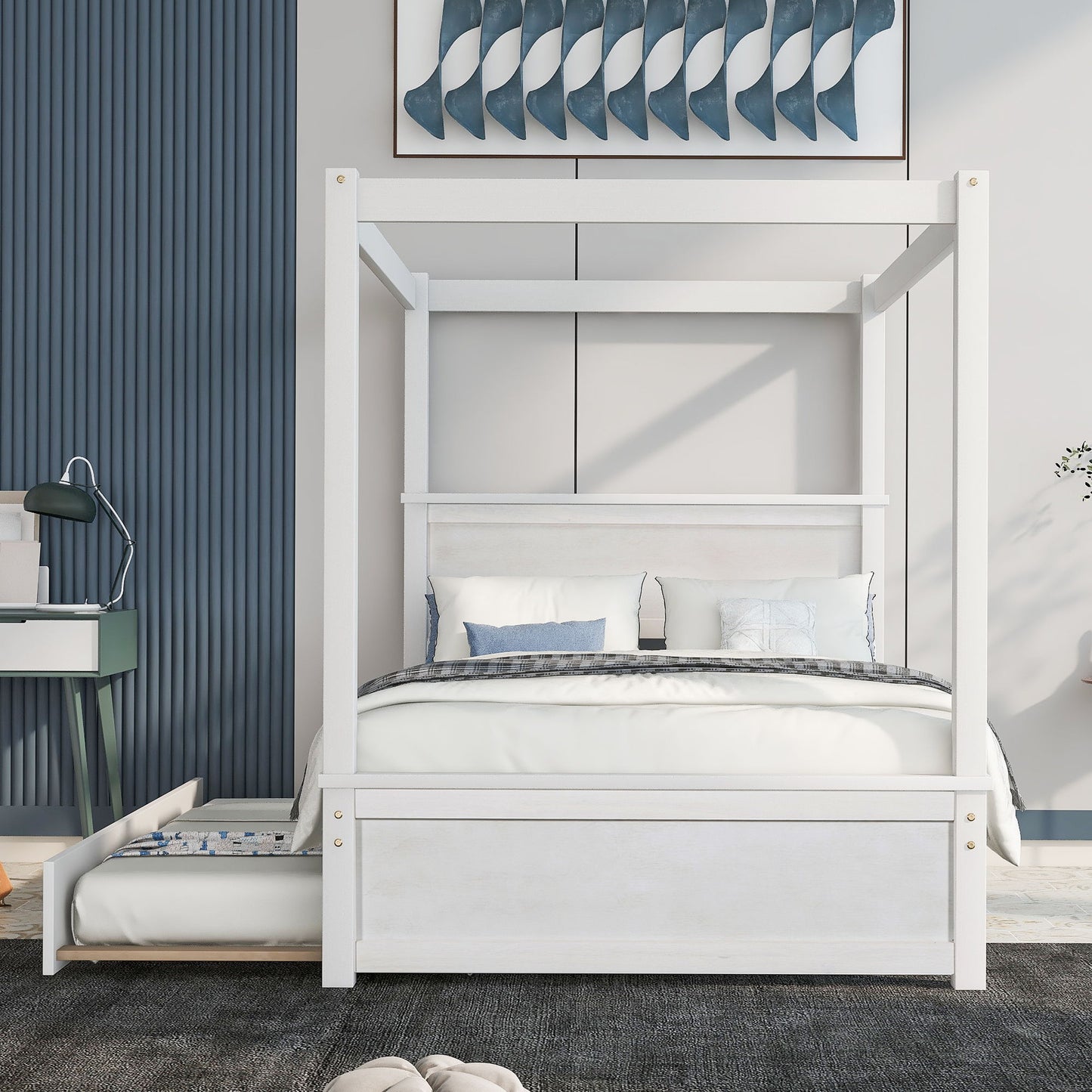 Gewnee - Full Canopy Bed With Trundle Bed - White