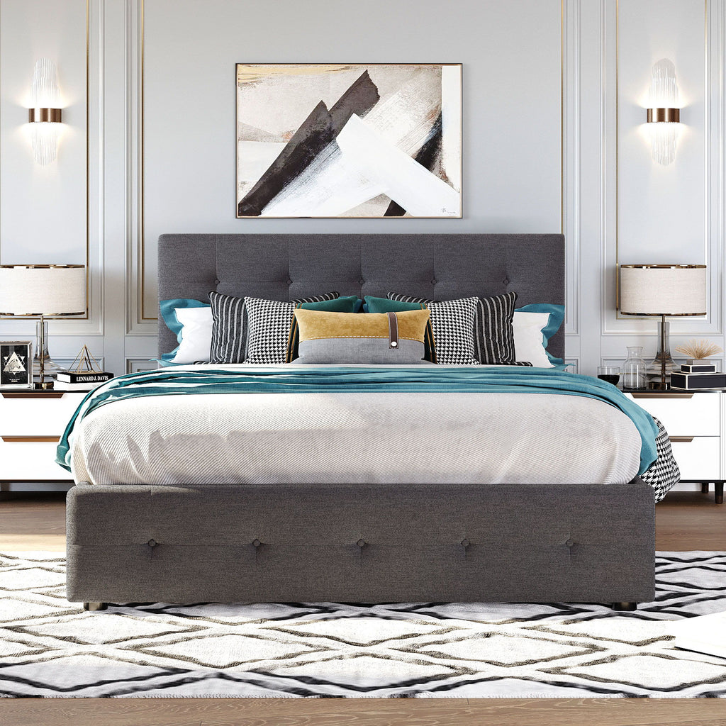 Upholstered Platform Bed With Classic Headboard And Drawers, No Box Spring Needed