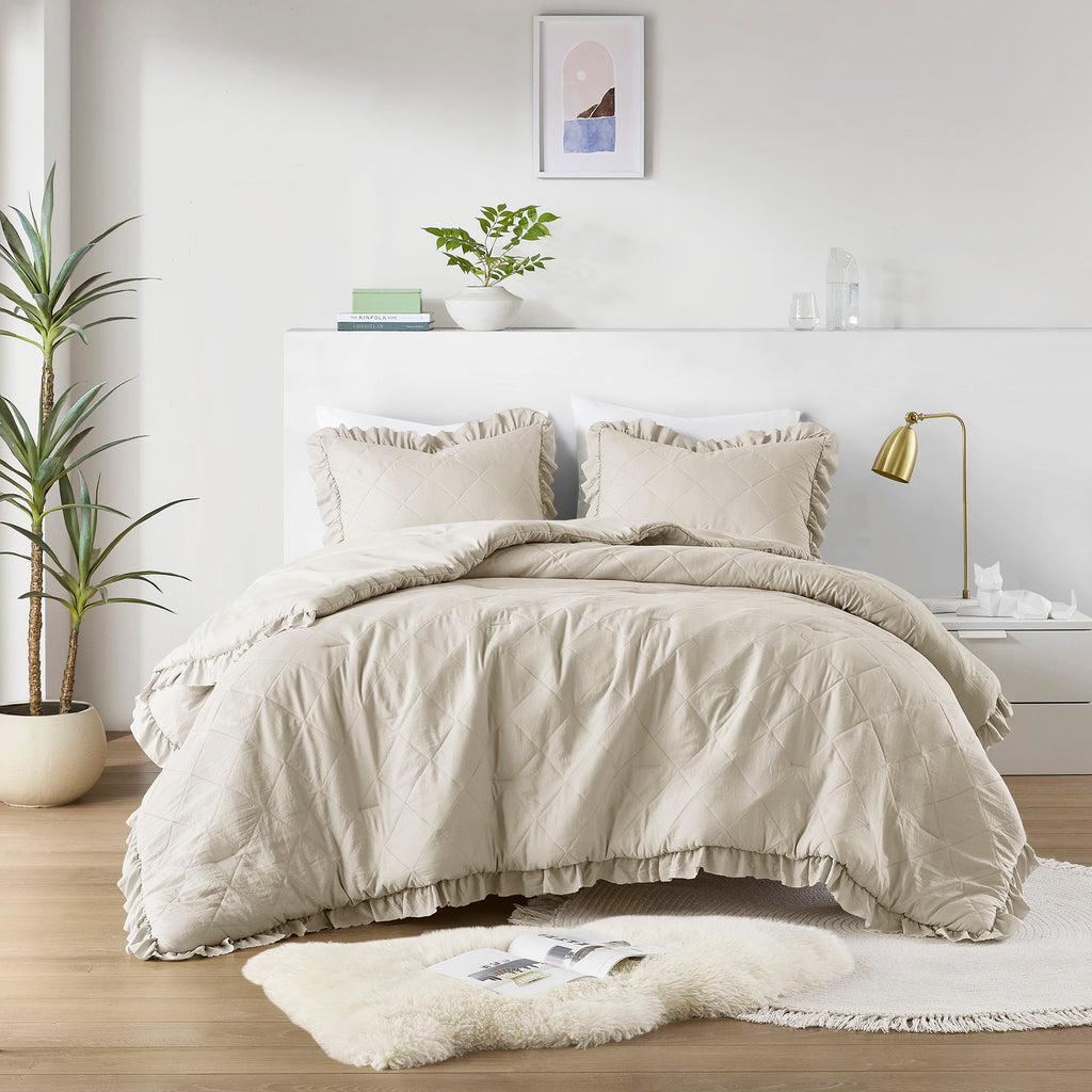 Phoebe - Twin/Twin Long Diamond Quilted Ruffle Edge Comforter Set - Neutral