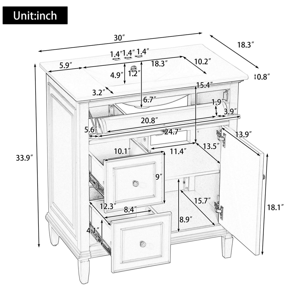Modern Bathroom Vanity With Sink, Adjustable Shelf, Flip Drawer & 2 Drawers