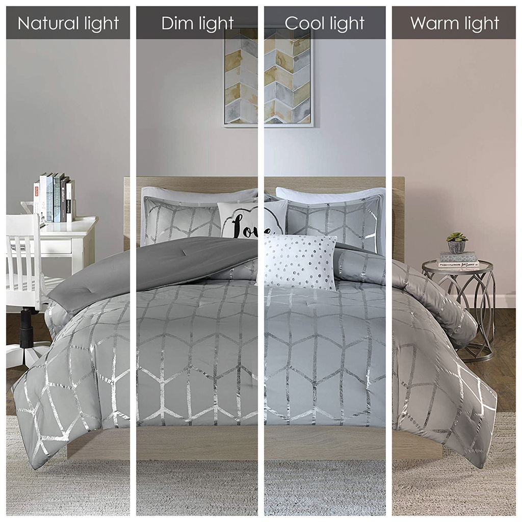 Raina - Twin Metallic Printed Comforter Set - Gray / Silver