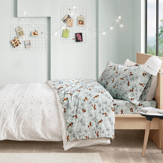 Twin Long Cozy Soft Novelty Print Sheet Set - Seafoam Foxes