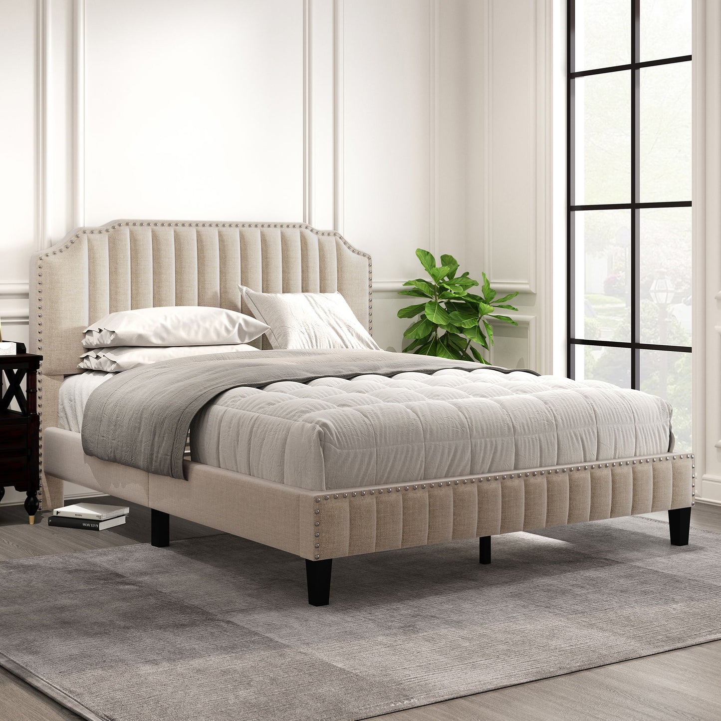 Gewnee - Queen Curved Upholstered Platform Bed - Beige