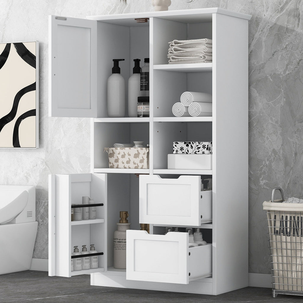Freestanding Bathroom Storage Cabinet With Doors And Drawers, Adjustable Shelf, Open Shelves - White