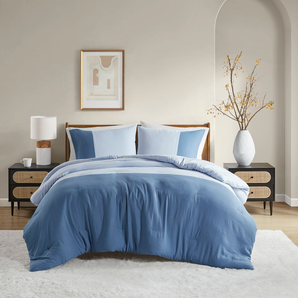 Miro - Full/Queen Soft Washed Block Comforter Set - Blue