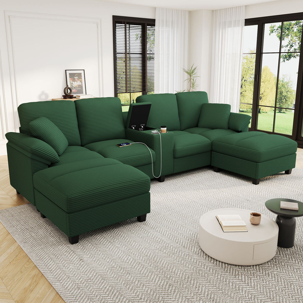 Modern U - Shaped Sectional Sofa With Storage Ottomans, USB Ports, And Cup Holders