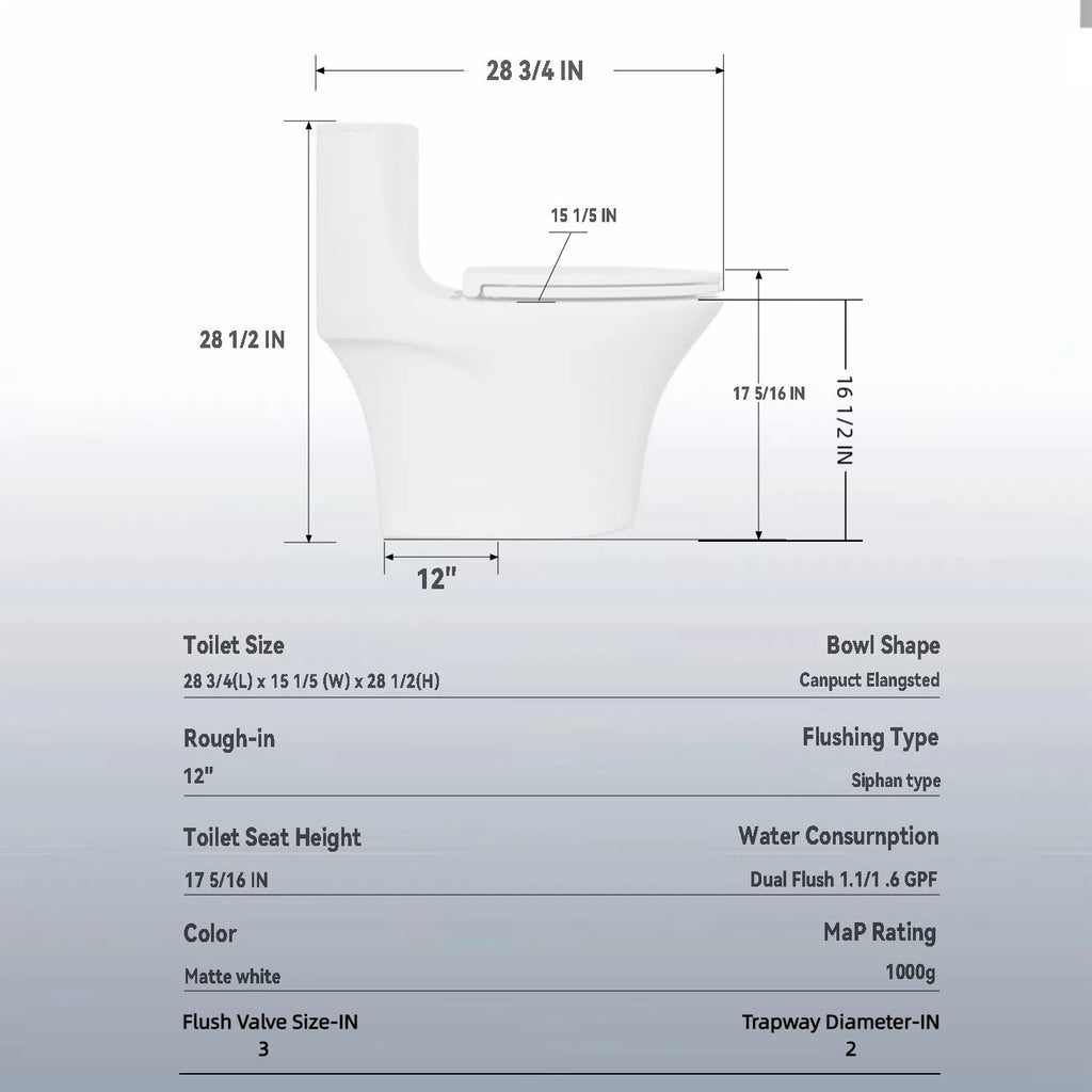 Elegant One Piece Toilet With Tornado Dual Flush, Siphonic S Trap 12", Soft Close Seat, Dual Flush, Ada Height, Glossy - Gloss White