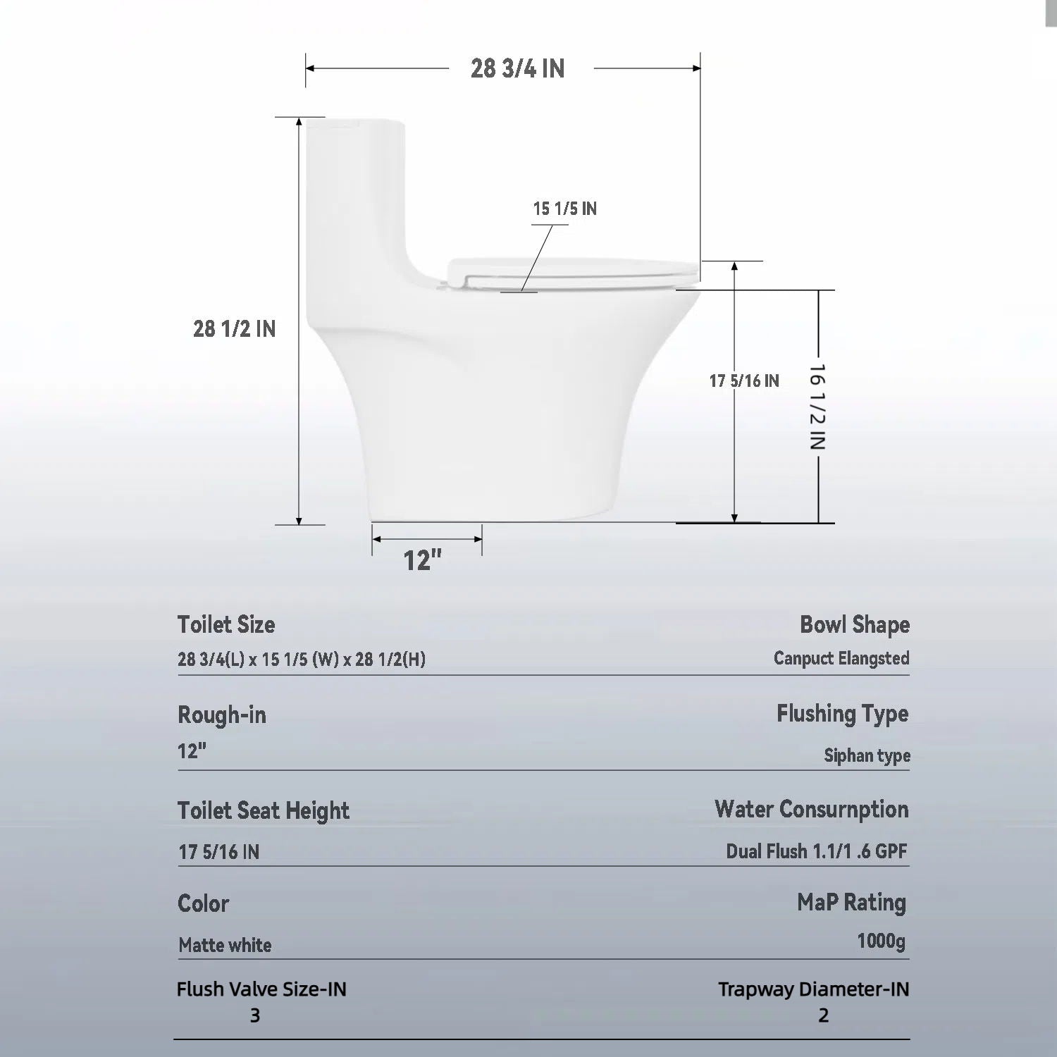 Elegant One Piece Toilet With Tornado Dual Flush, Siphonic S Trap 12", Soft Close Seat, Dual Flush, Ada Height, Glossy - Gloss White