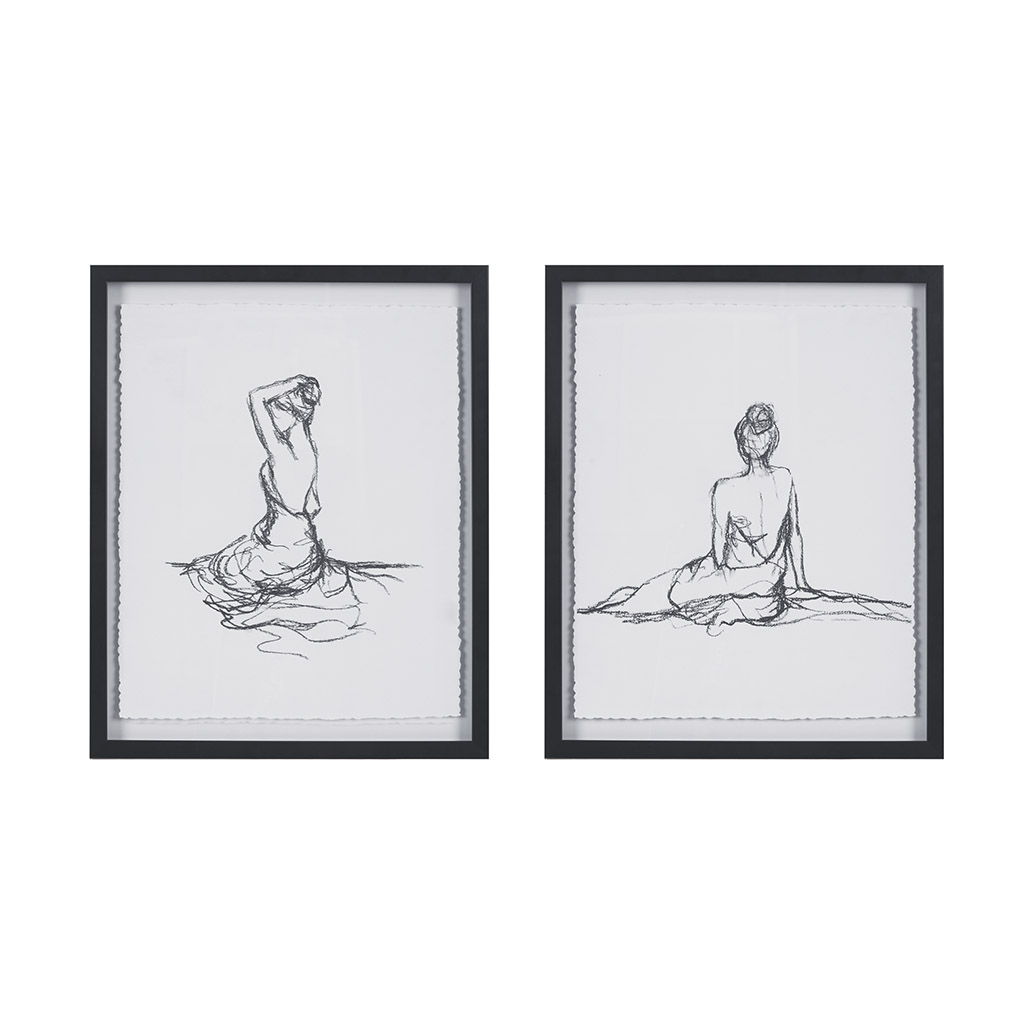 Feminine Figures - Deckle Edge Sketch Framed Wall Art (Set of 2) - Black / White