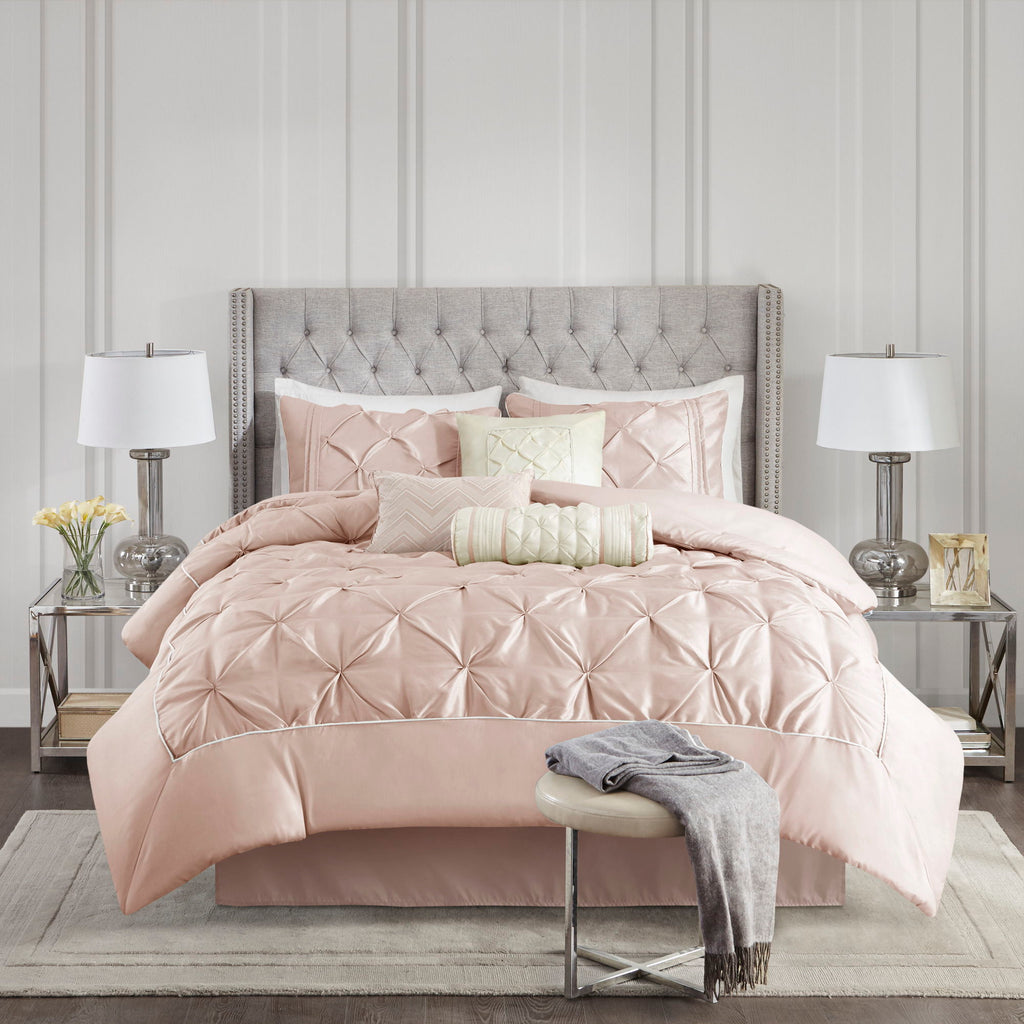 Laurel - Queen Pieced Pleated 7 Piece Tufted Comforter Set - Blush