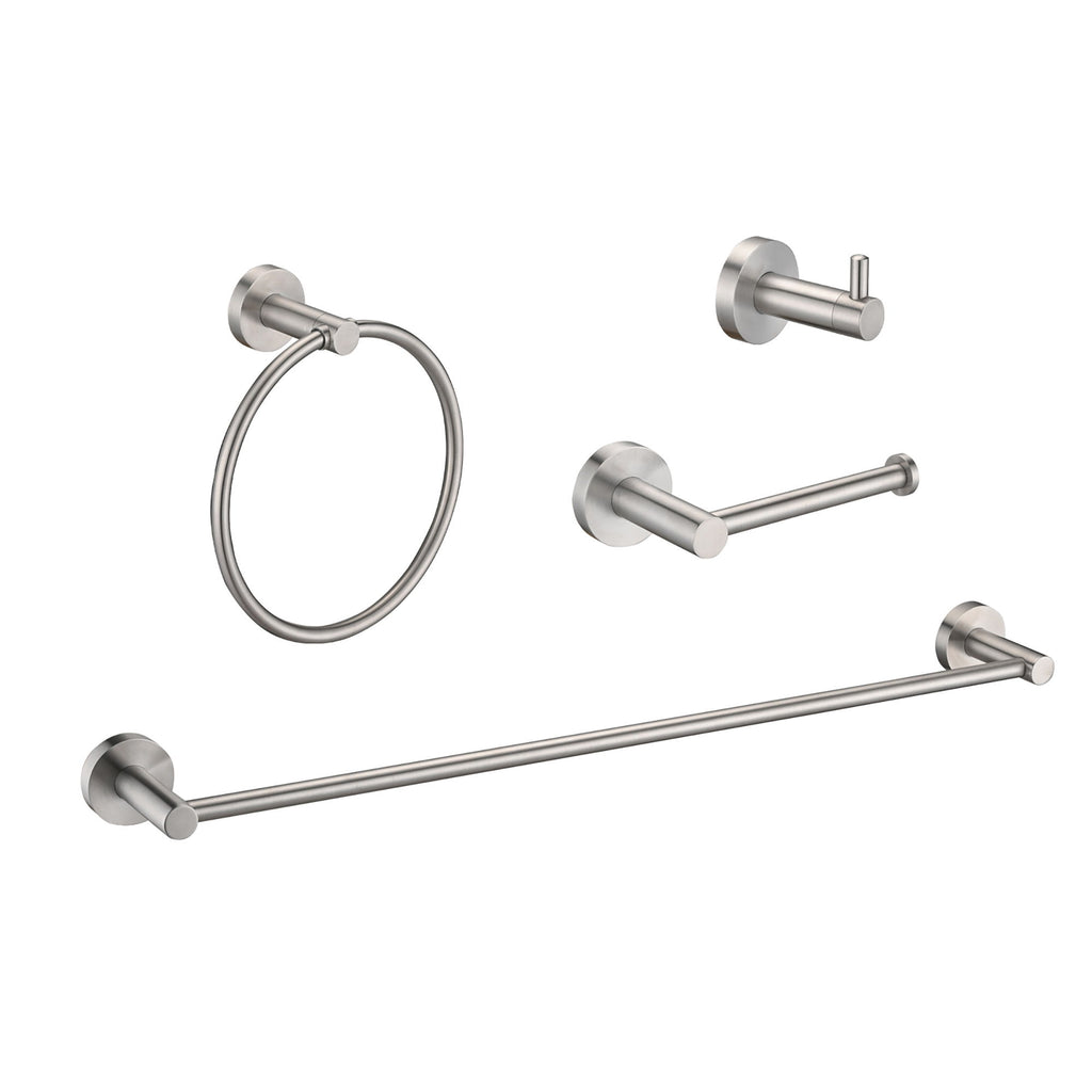 Bathroom Set 4 Pack With Towel Bar Racks, Toilet Paper Holder, Ring, Hook, Stainless Steel - Brushed Nickel