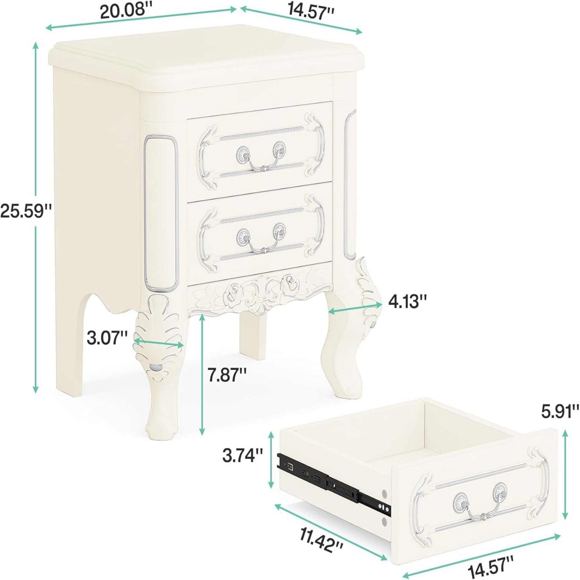 Carved Nightstand With 2 Drawers, Bedside Table - White