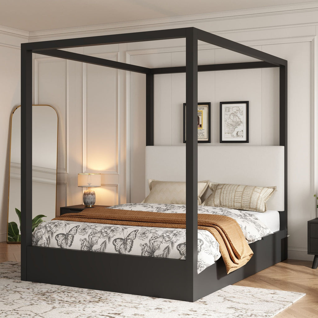 Canopy Platform Bed With Upholstered Headboard