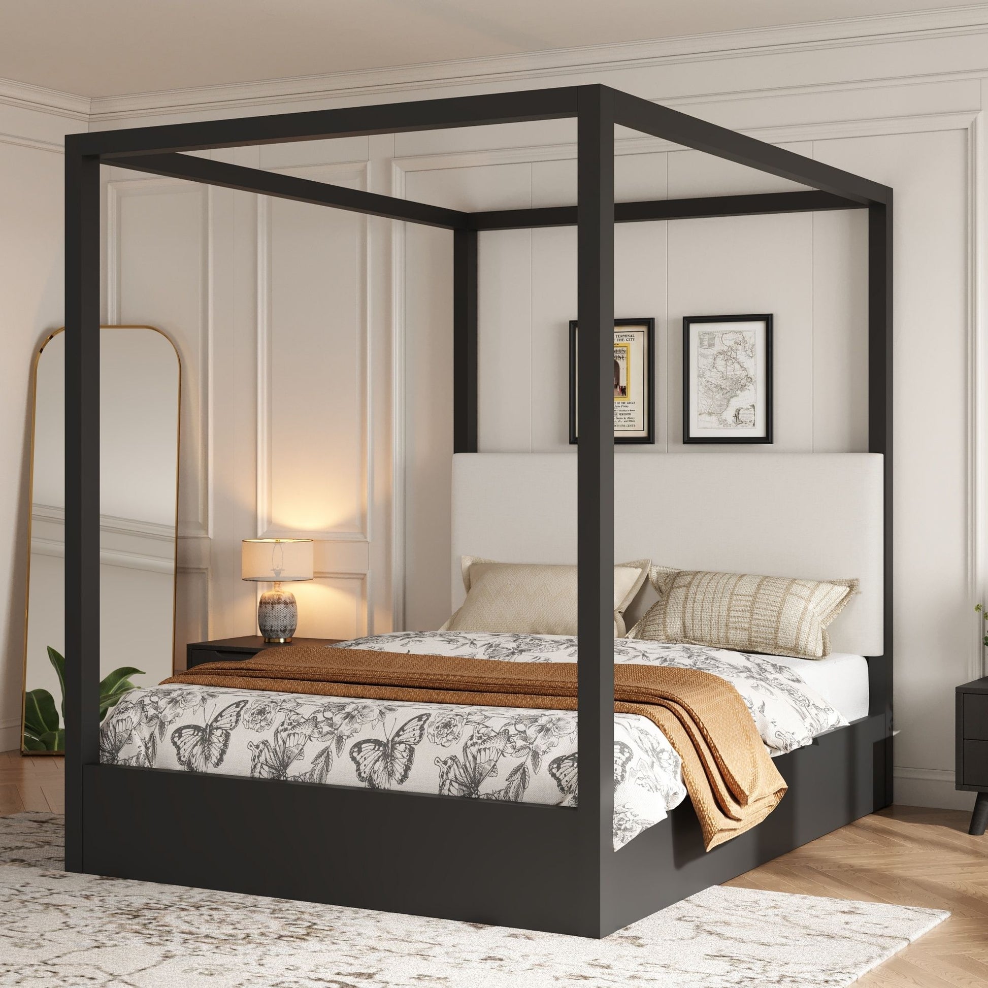 Canopy Platform Bed With Upholstered Headboard