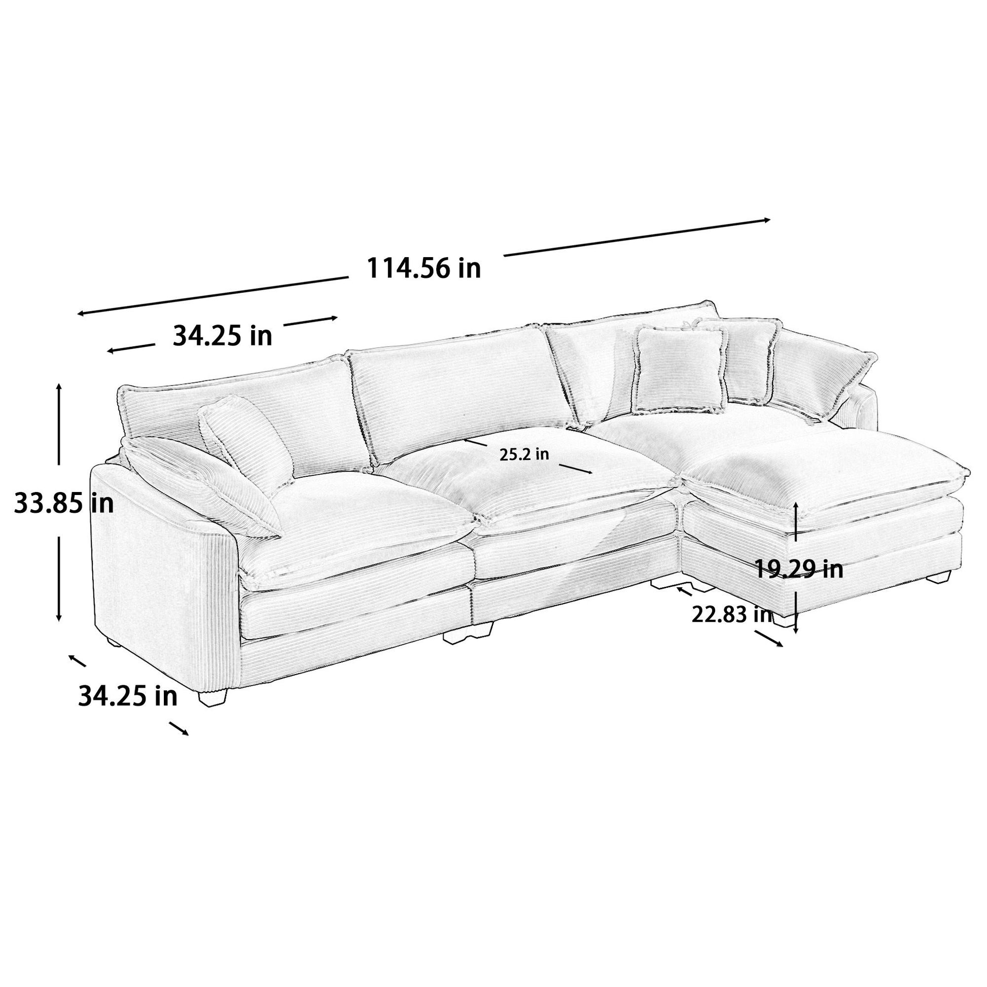 Modern Oversized Modular Cushion Sofa With Ottoman, Low Back, Deep Seating Sofa Set
