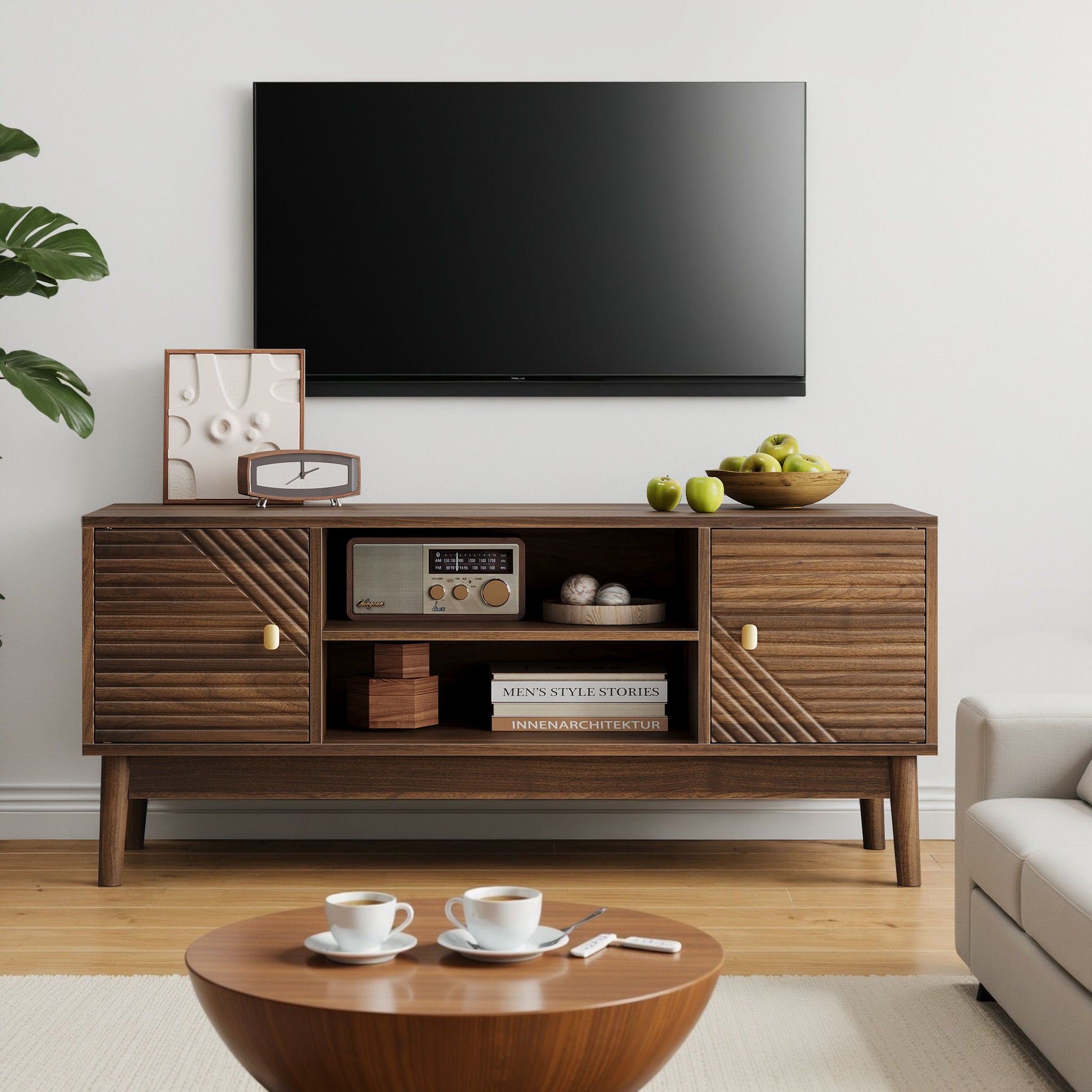 TV Stand, Entertainment Center With Storage, Media Console Table For Living Room - Walnut
