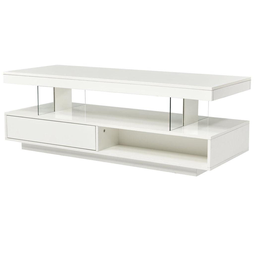 LED Coffee Table With Storage, Modern Center Table With 2 Drawers And Display Shelves, Accent Furniture With LED Lights For Living Room - White