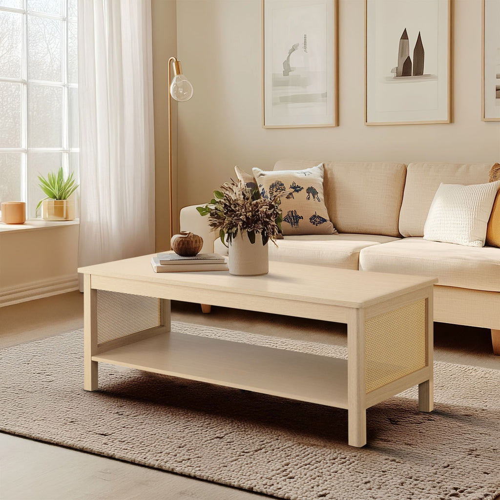 Ashlyn - 2-Tier Coffee Table With Sides & Spacious Open Shelf Storage - Natural