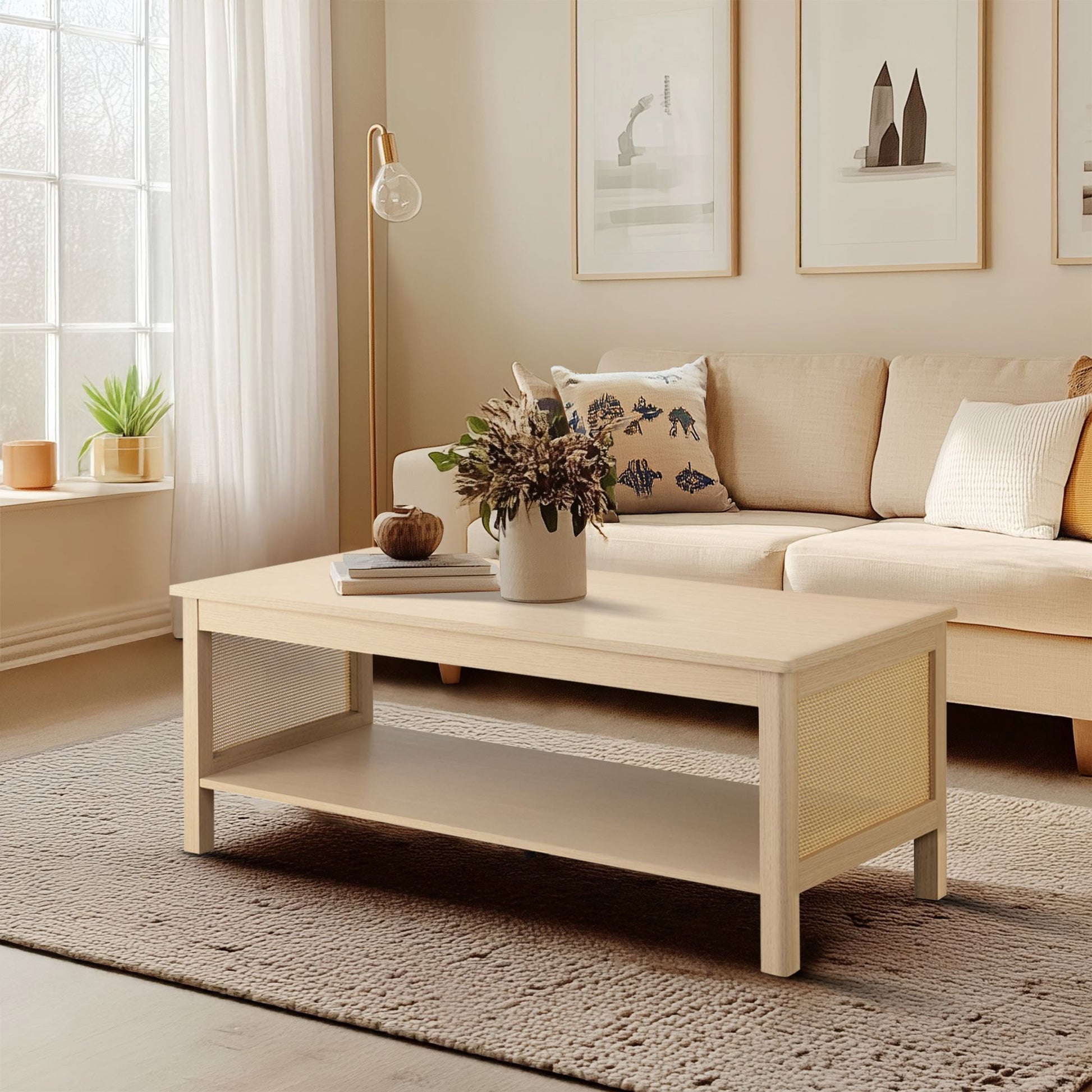 Ashlyn - 2-Tier Coffee Table With Sides & Spacious Open Shelf Storage - Natural