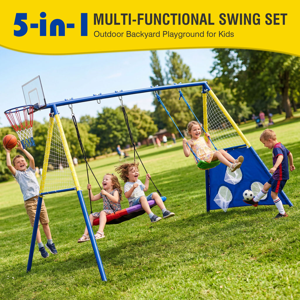 5 In 1 Kids Swing Set With Saucer Swing, Belt Swing, Basketball Hoop & Soccer Goal - Blue / Yellow