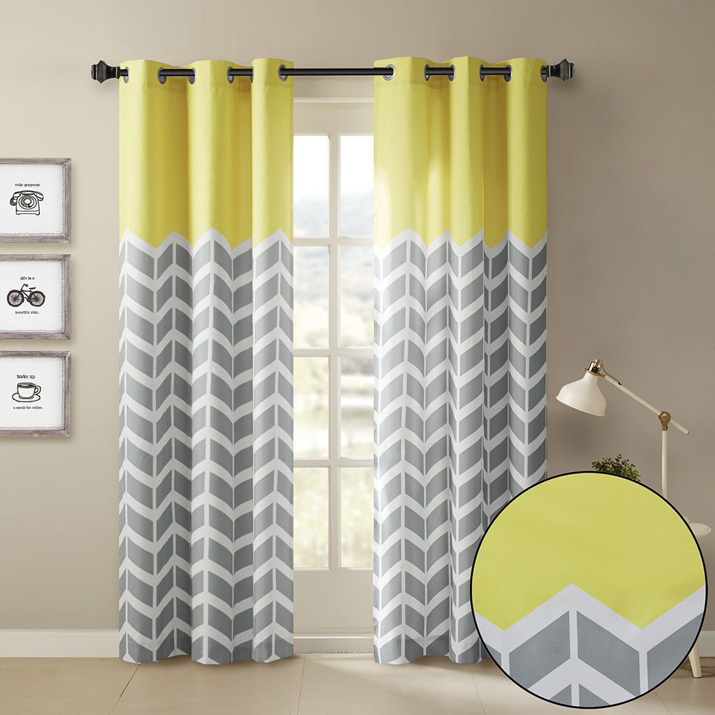 Alex - Chevron Printed Room Darkening Grommet Top Panel Pair - Yellow