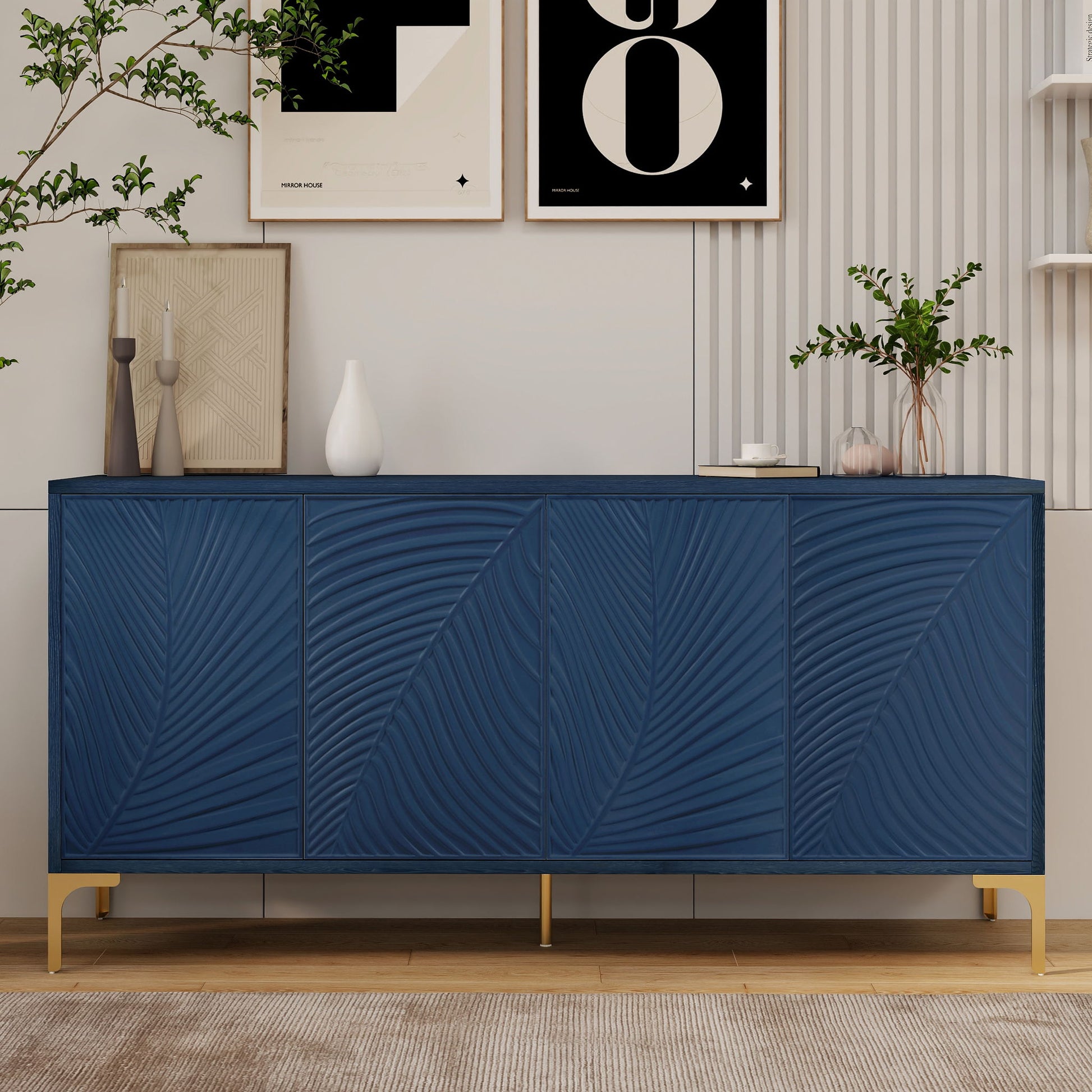 Modern 4 Door Sideboard With Creative Carved Surface And Adjustable Shelves