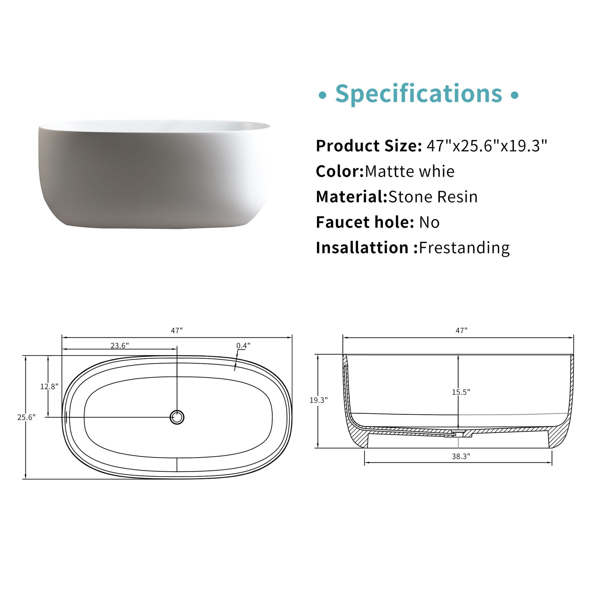 Independent Solid Surface Resin Stone Bathtub, A Modern Designed Independent Bathtub With Pop-Up Drainage And Overflow Pipes, Suitable For Small Households - Matte White