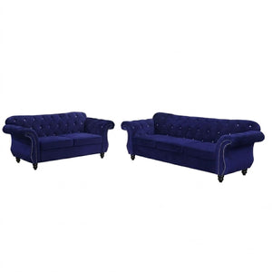 Upholstered Sofa Set With Crystal Tufted Seat And Nailhead Trim, 2 Piece Living Room Furniture - Indigo