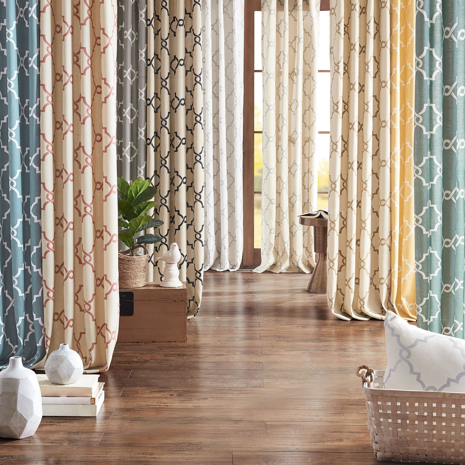 Saratoga - 95" Fretwork Print Grommet Top Window Curtain - Gray