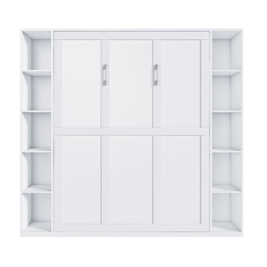 Queen Murphy Bed With Storage Cabinet, Foldable Wall Bed For Bedrooms - White
