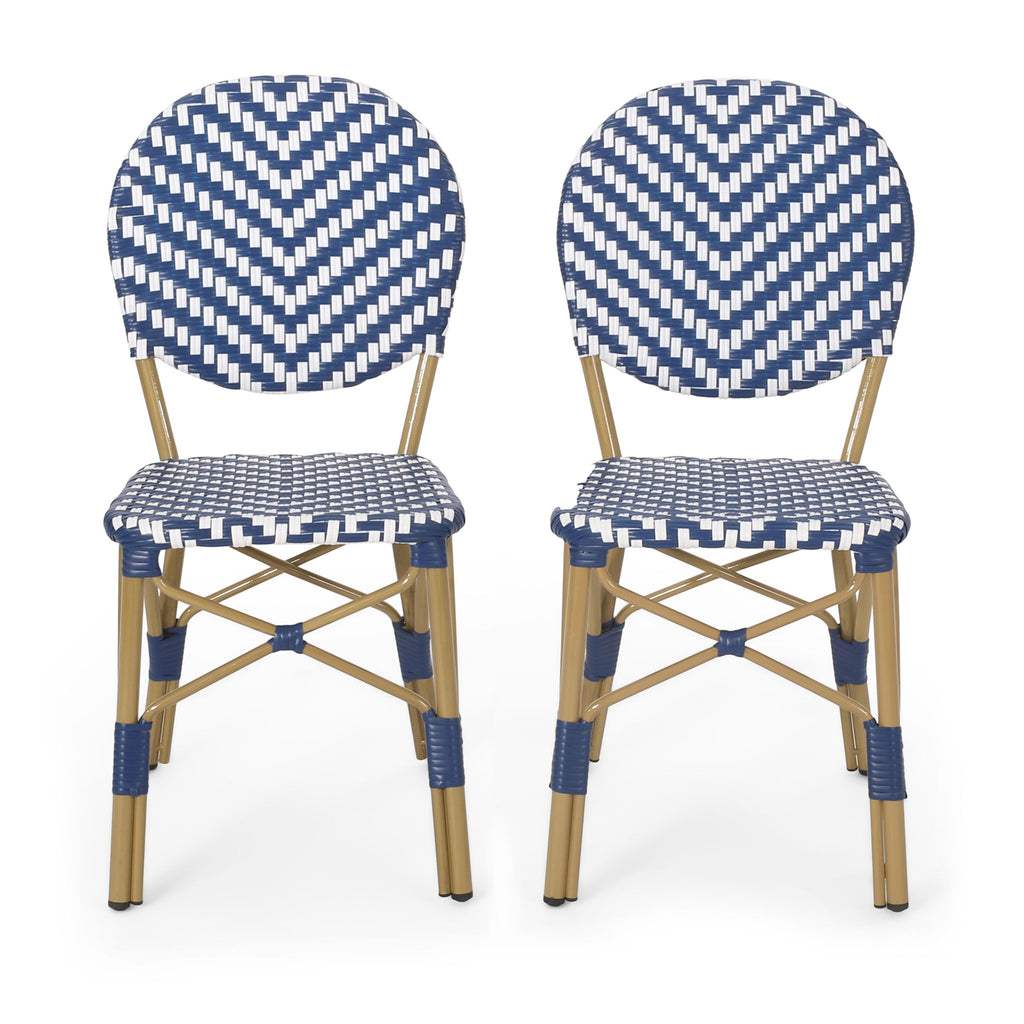 Outdoor Rattan And Aluminum French Armless Bistro Chairs Set - Navy Blue
