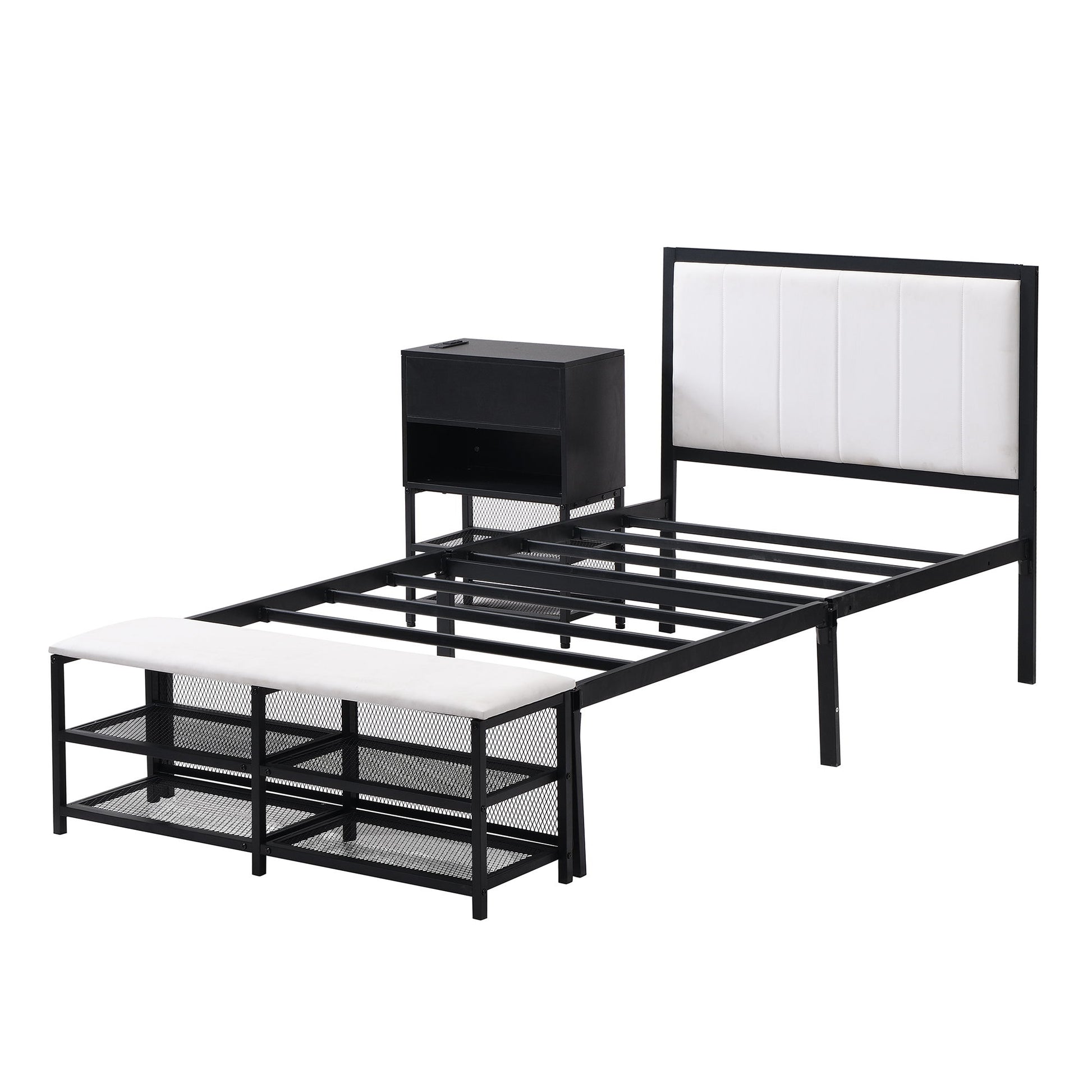 Platform Bed With 2 Tier Storage Shelves, Storage Cabinet