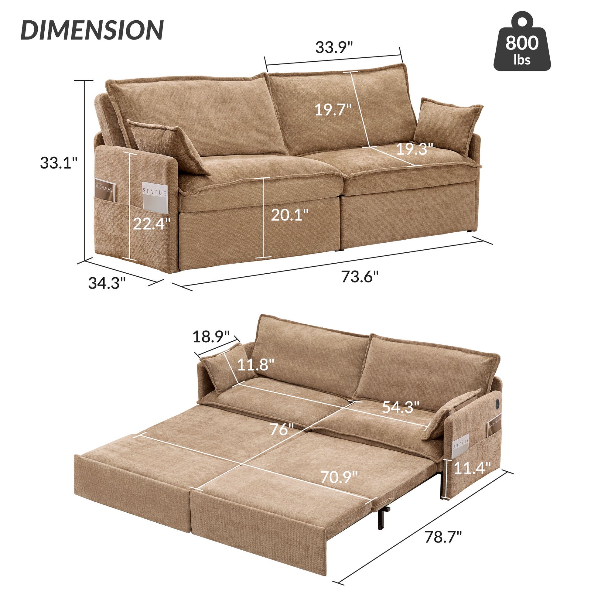 Pull Out Sofa Bed, Corduroy Convertible Sleeper Sofa Couch, Side Storage, And USB / C - Type Charging Ports Chair