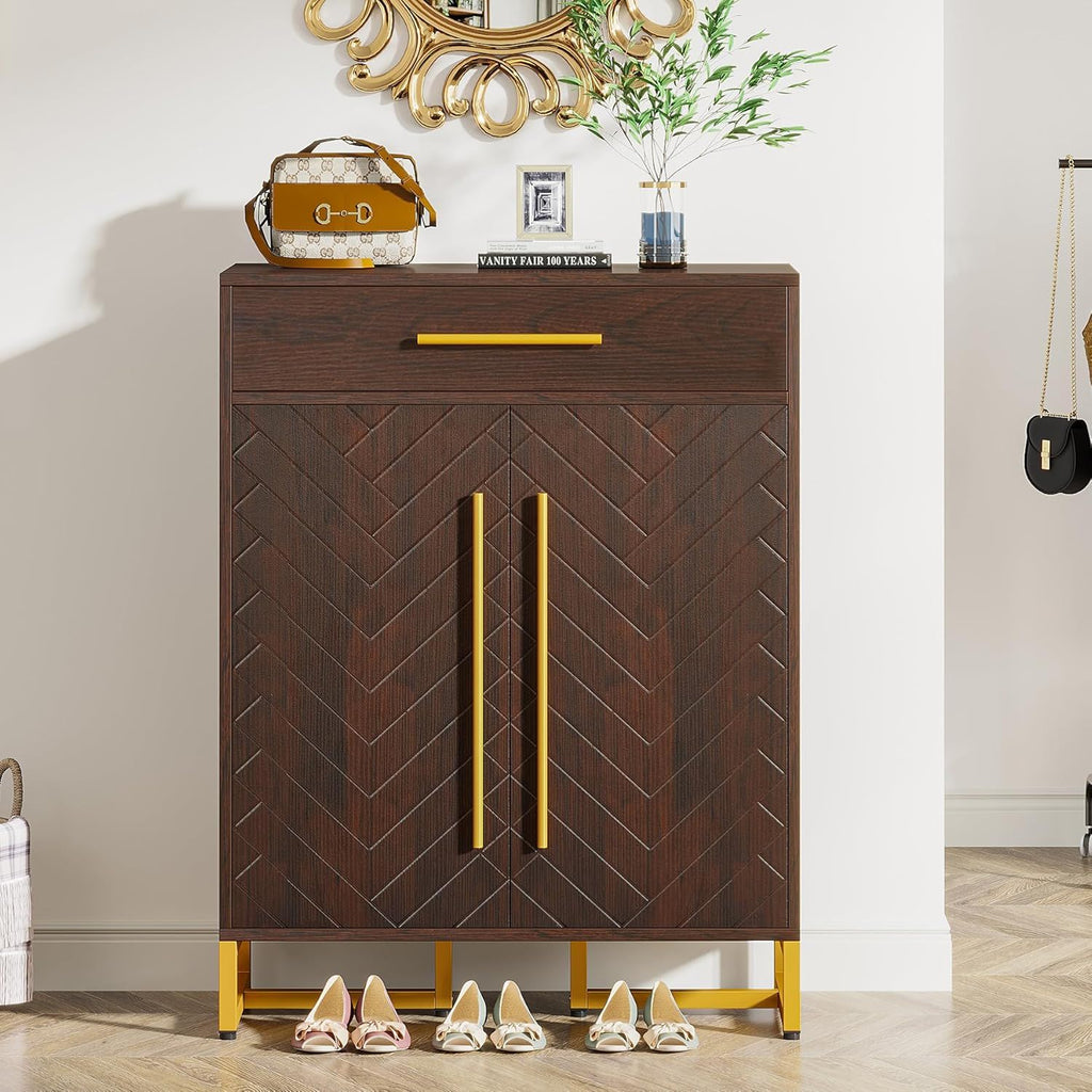 Shoe Cabinet With Doors, 6 Tier Storage Organizer - Dark Walnut