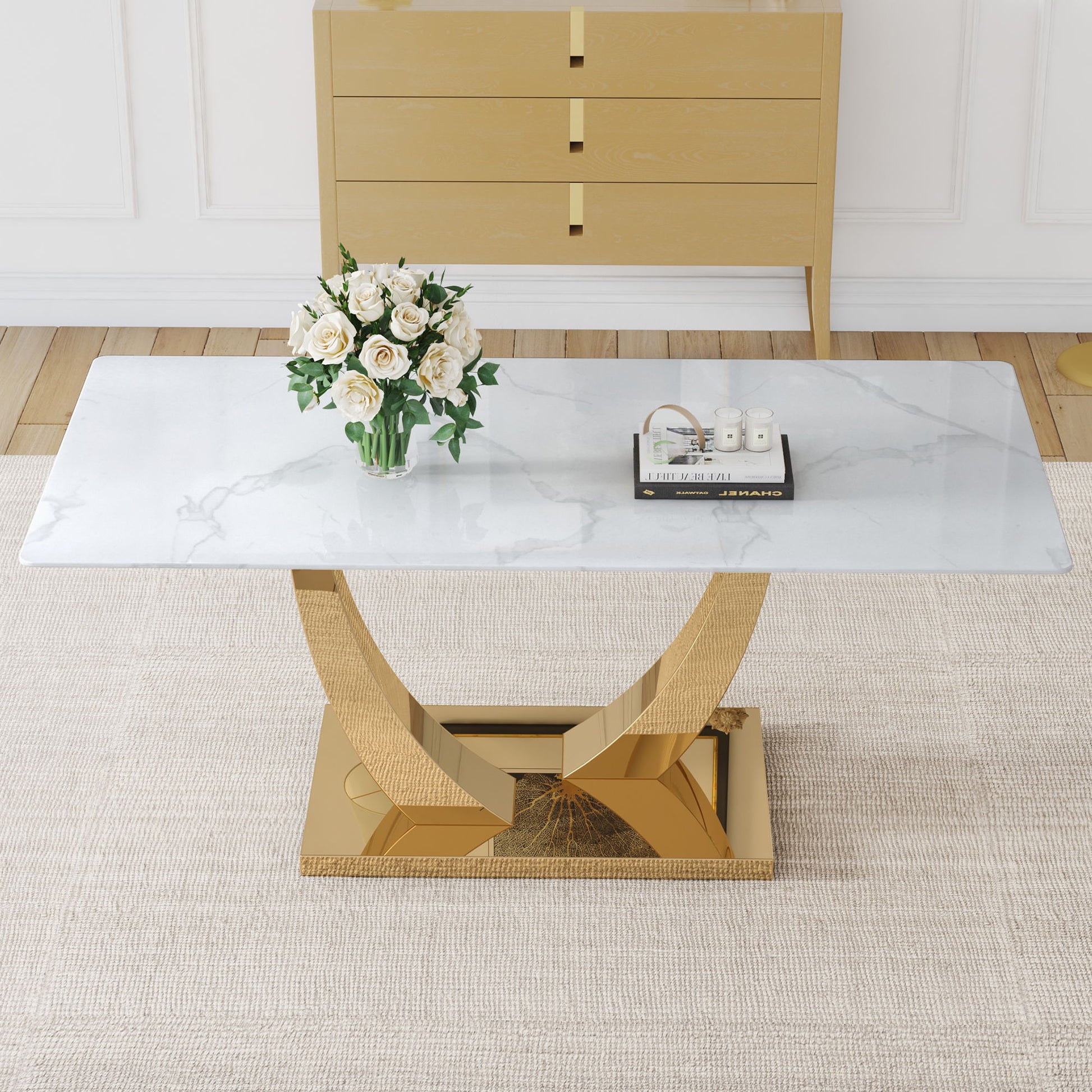 Modern Simple Rectangular Dining Table With Patterned Top And Smooth Legs For Kitchen Dining Room Or Living Room - Golden / White