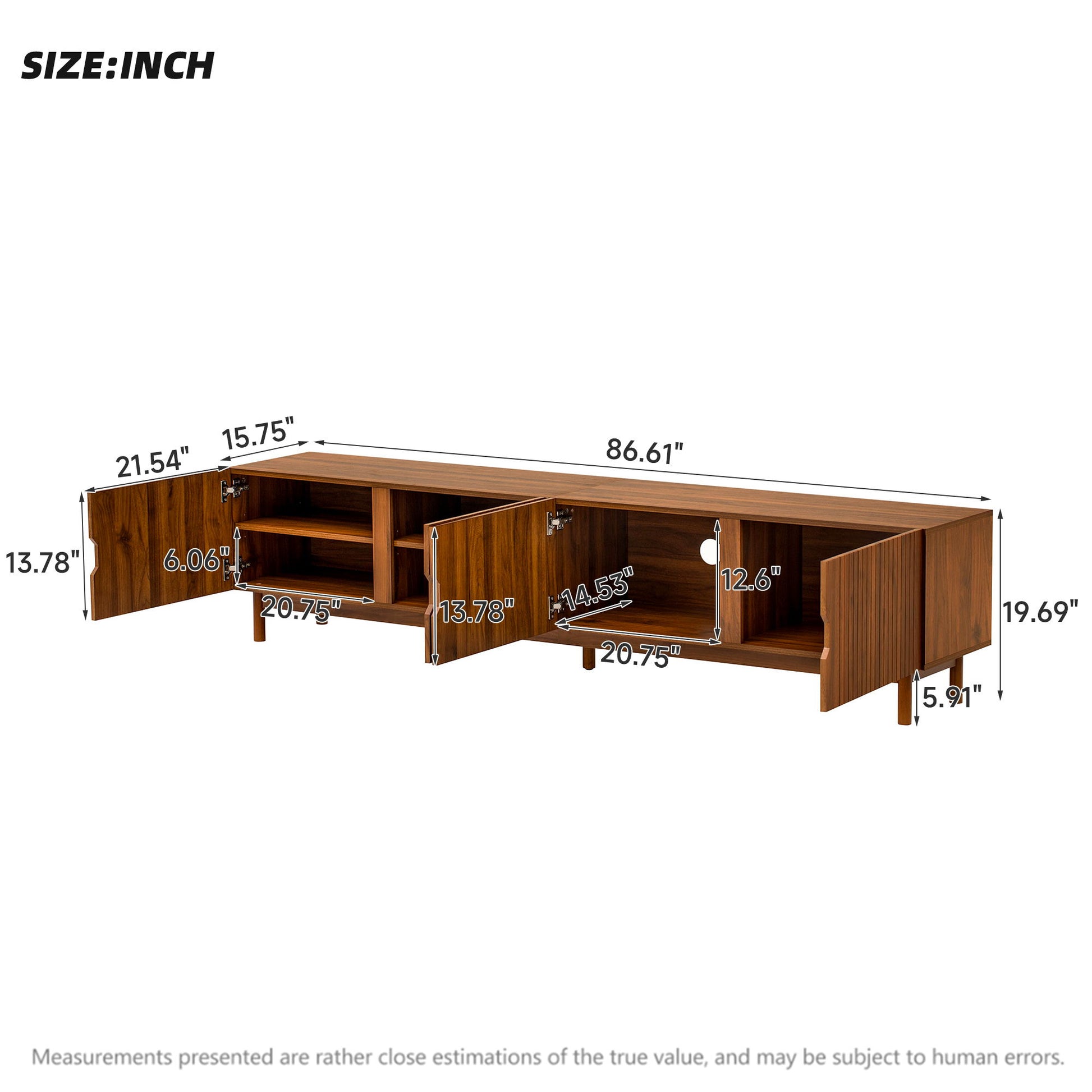 TV Stand With Legs, Media Console, 4 Cabinets For Living Room - Natural Wood