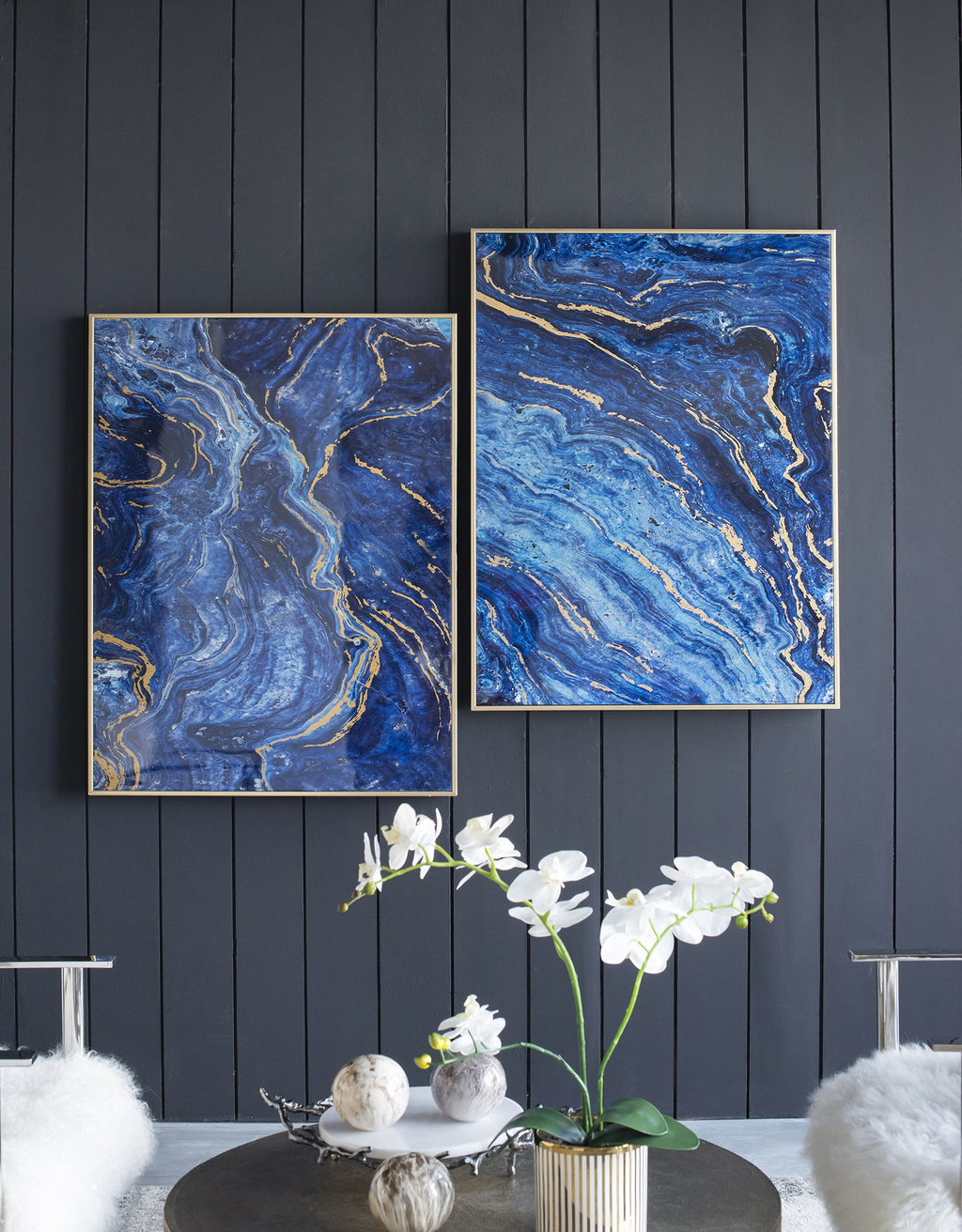 Framed Art Panels, Unique Marbled Design (Set of 2) - Blue